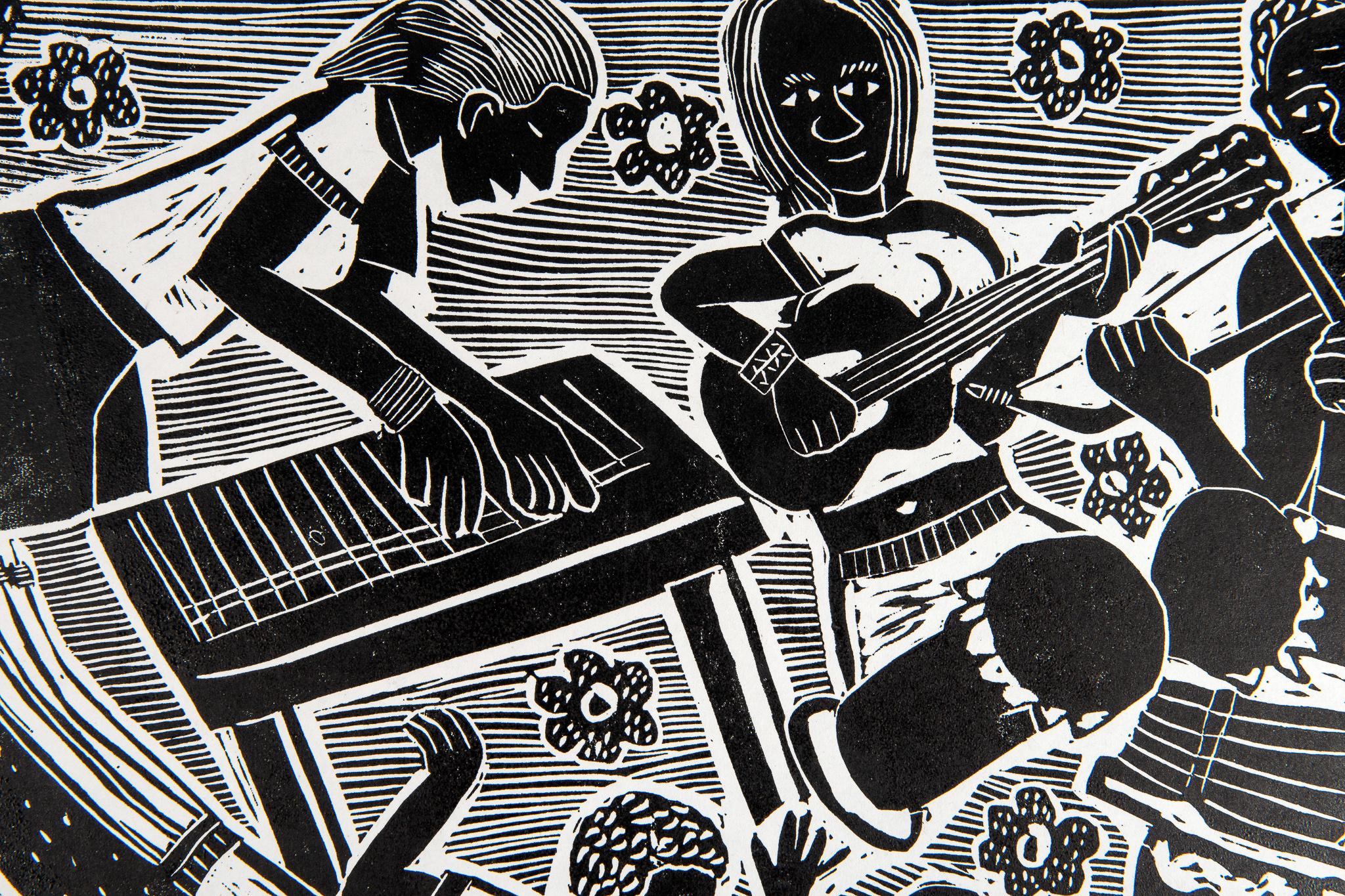 The sound of Namibia, 2020. Linoleum block print on paper. Edition of 5.

Elia Shiwoohamba was born in 1981 in Windhoek, Namibia. He graduated from the John Muafangejo Art Centre in Windhoek in 2006. Specialising in printmaking and sculpture,
