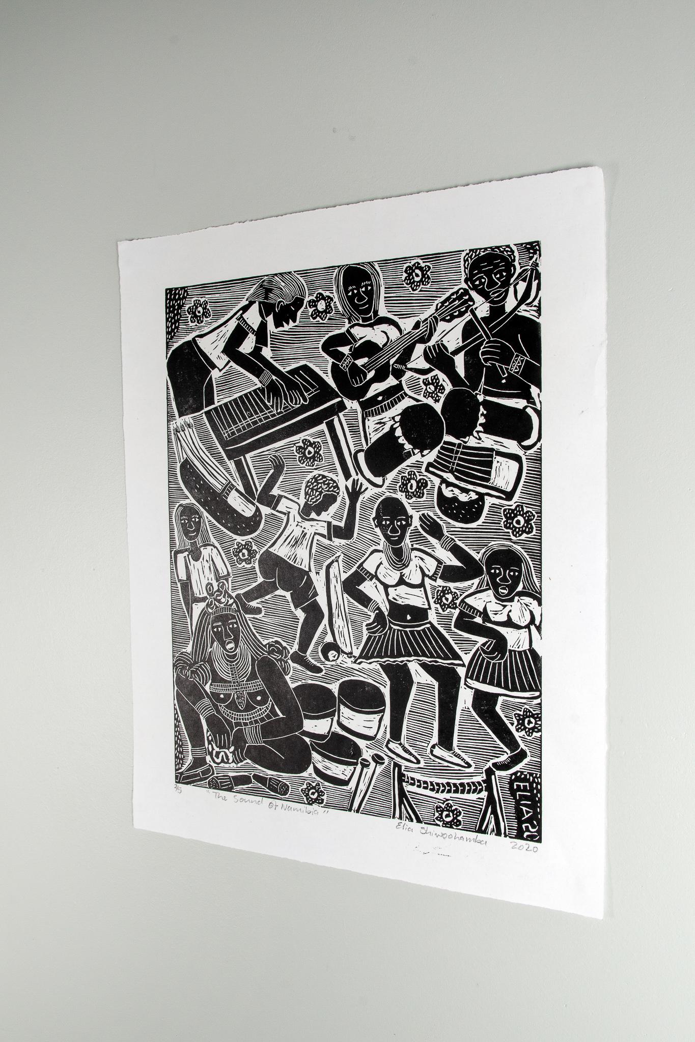 The sound of Namibia, Elia Shiwoohamba, Linoleum block print on paper For Sale 1