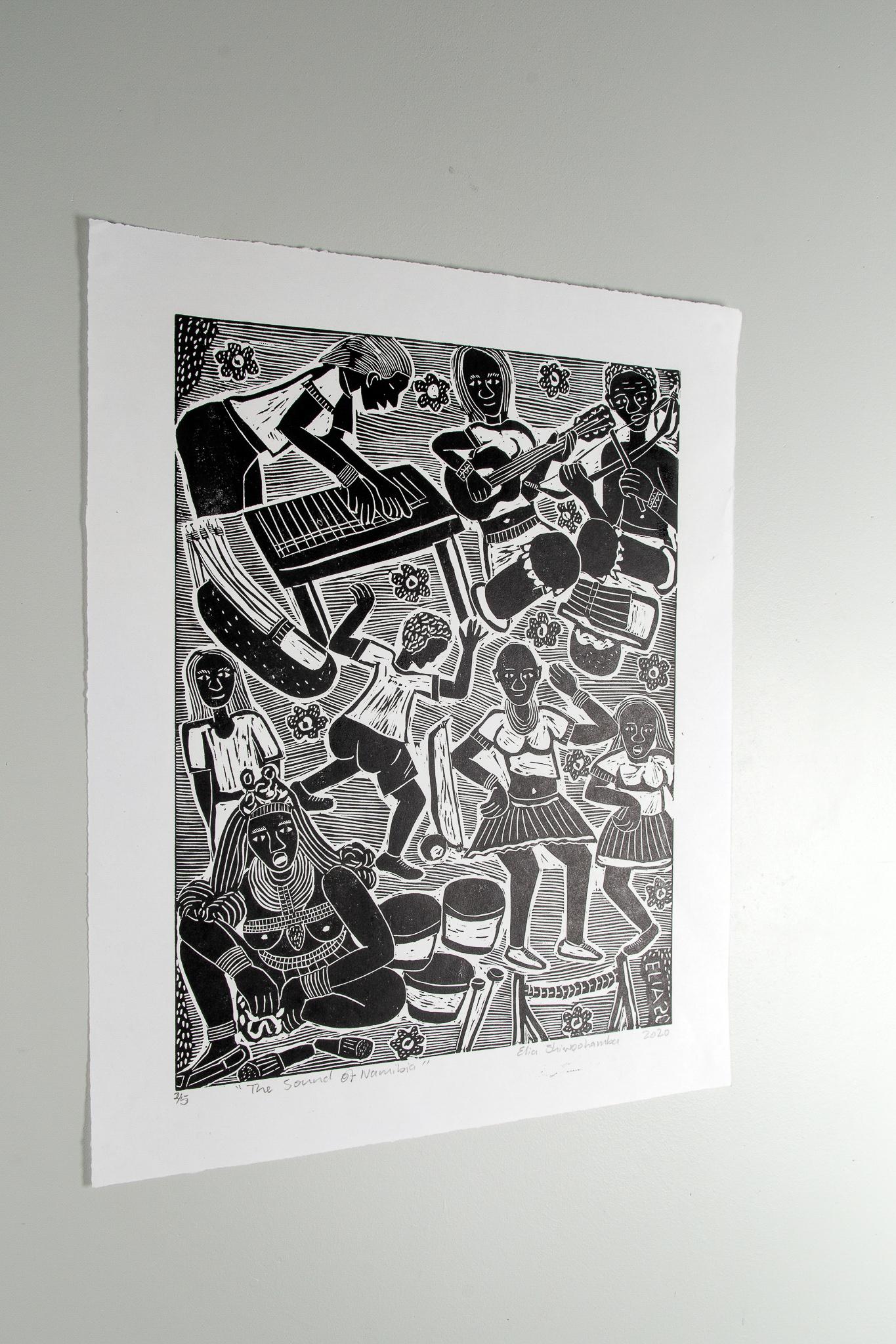 The sound of Namibia, Elia Shiwoohamba, Linoleum block print on paper For Sale 2