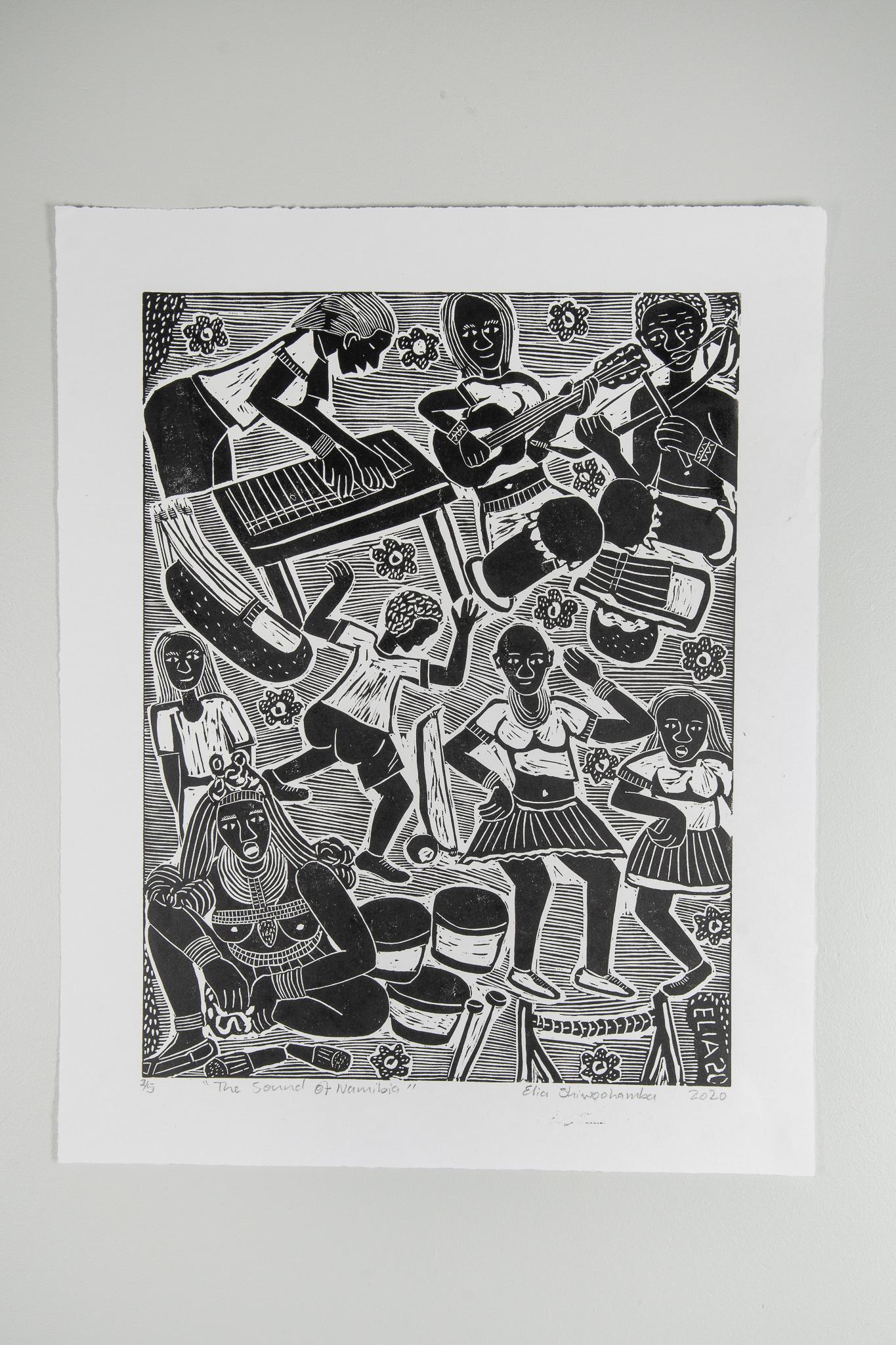 The sound of Namibia, Elia Shiwoohamba, Linoleum block print on paper