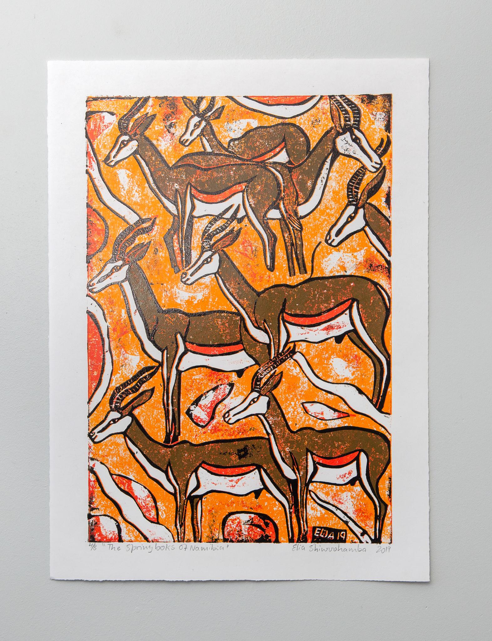 The Springboks of Namibia, Elia Shiwoohamba, Cardboard print on paper