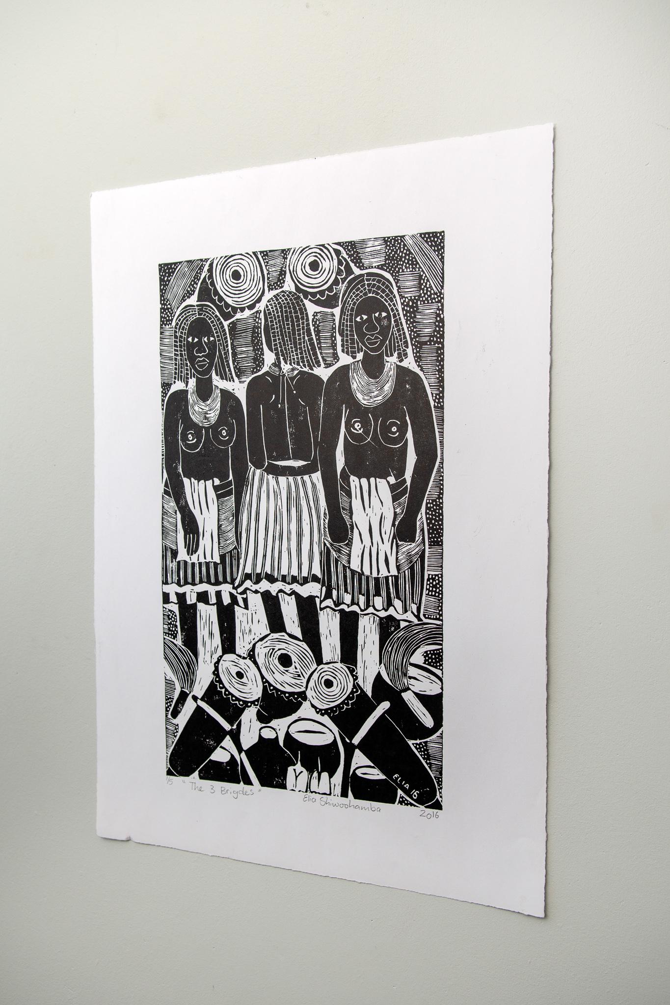 The Three Brides, Elia Shiwoohamba, Linoleum block print on paper For Sale 2