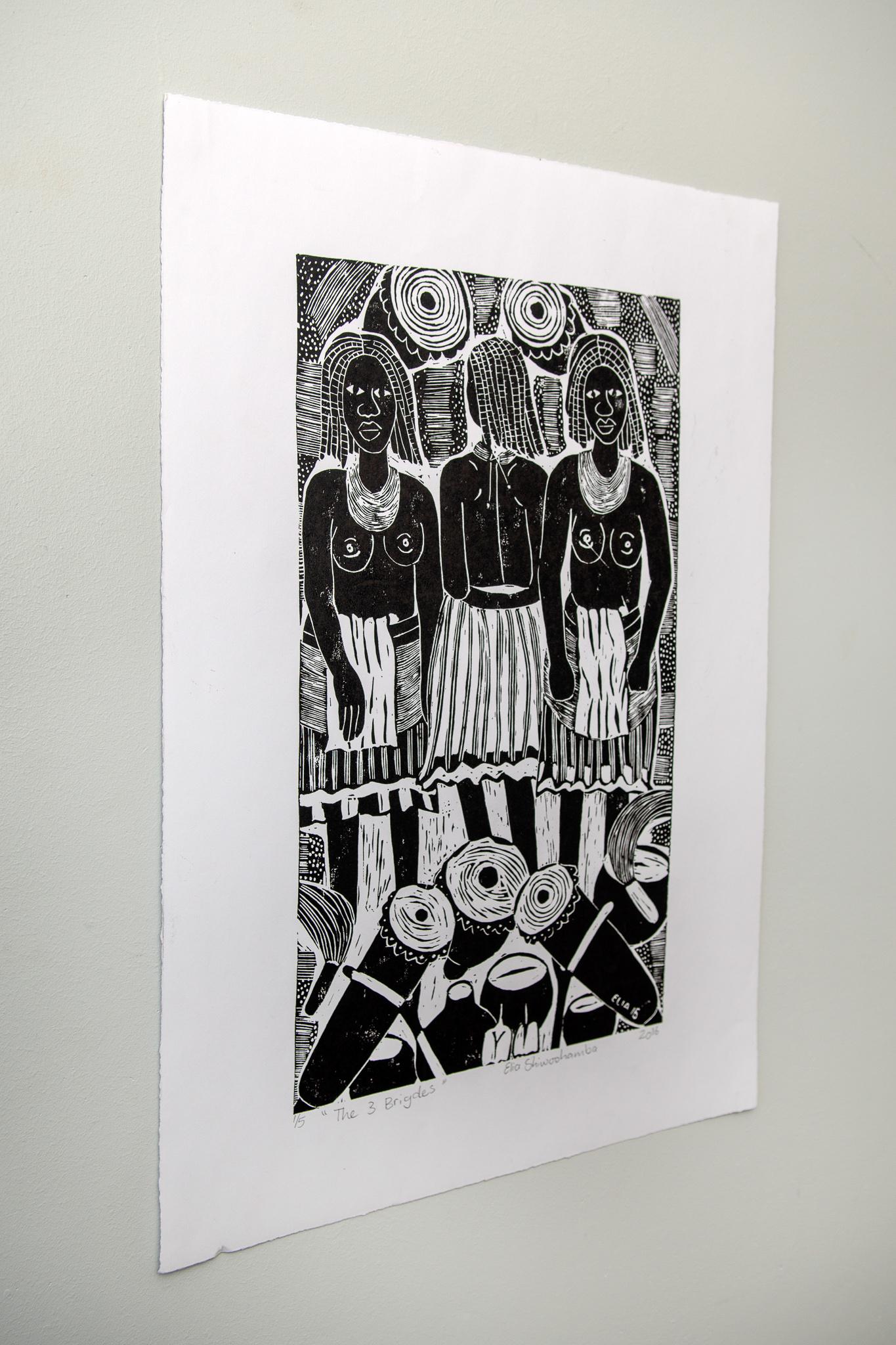 The Three Brides, Elia Shiwoohamba, Linoleum block print on paper For Sale 3