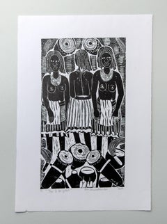 The Three Brides, Elia Shiwoohamba, Linoleum block print on paper