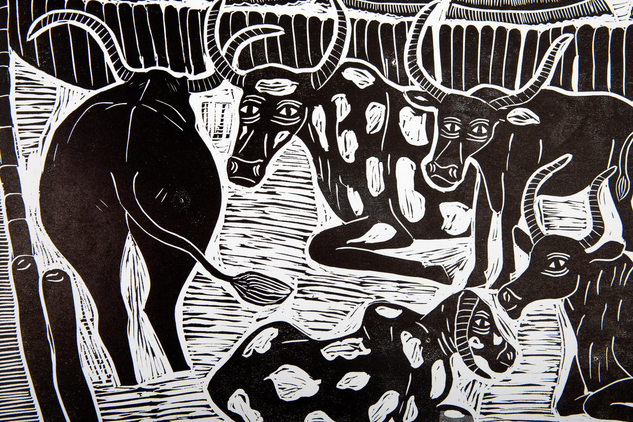The traditional house of Oukwanyama, 2019. Linoleum block print on paper. Edition of 4.

Elia Shiwoohamba was born in 1981 in Windhoek, Namibia. He graduated from the John Muafangejo Art Centre in Windhoek in 2006. Specialising in printmaking and