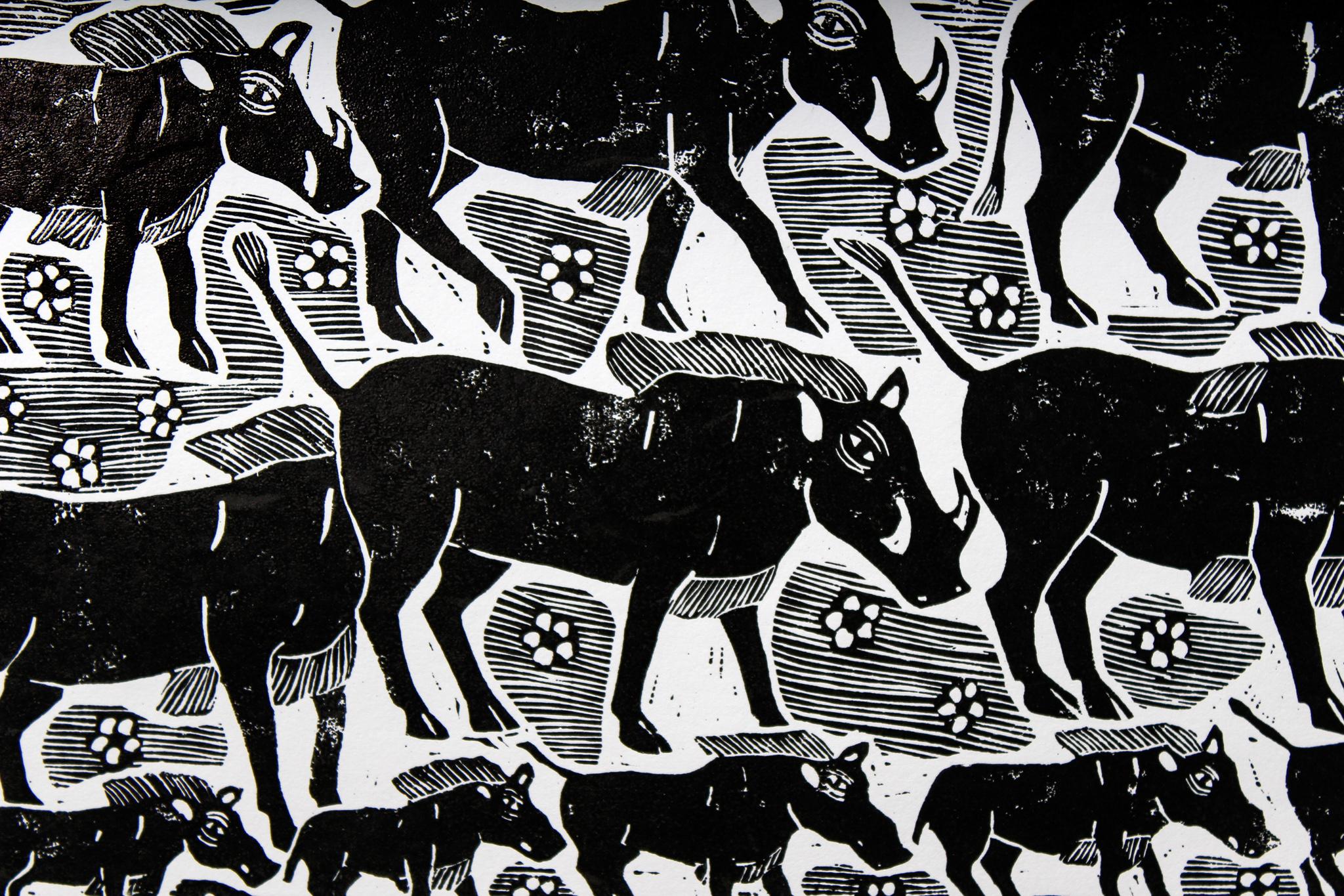 The warthogs, Elia Shiwoohamba, Linoleum block print For Sale 1