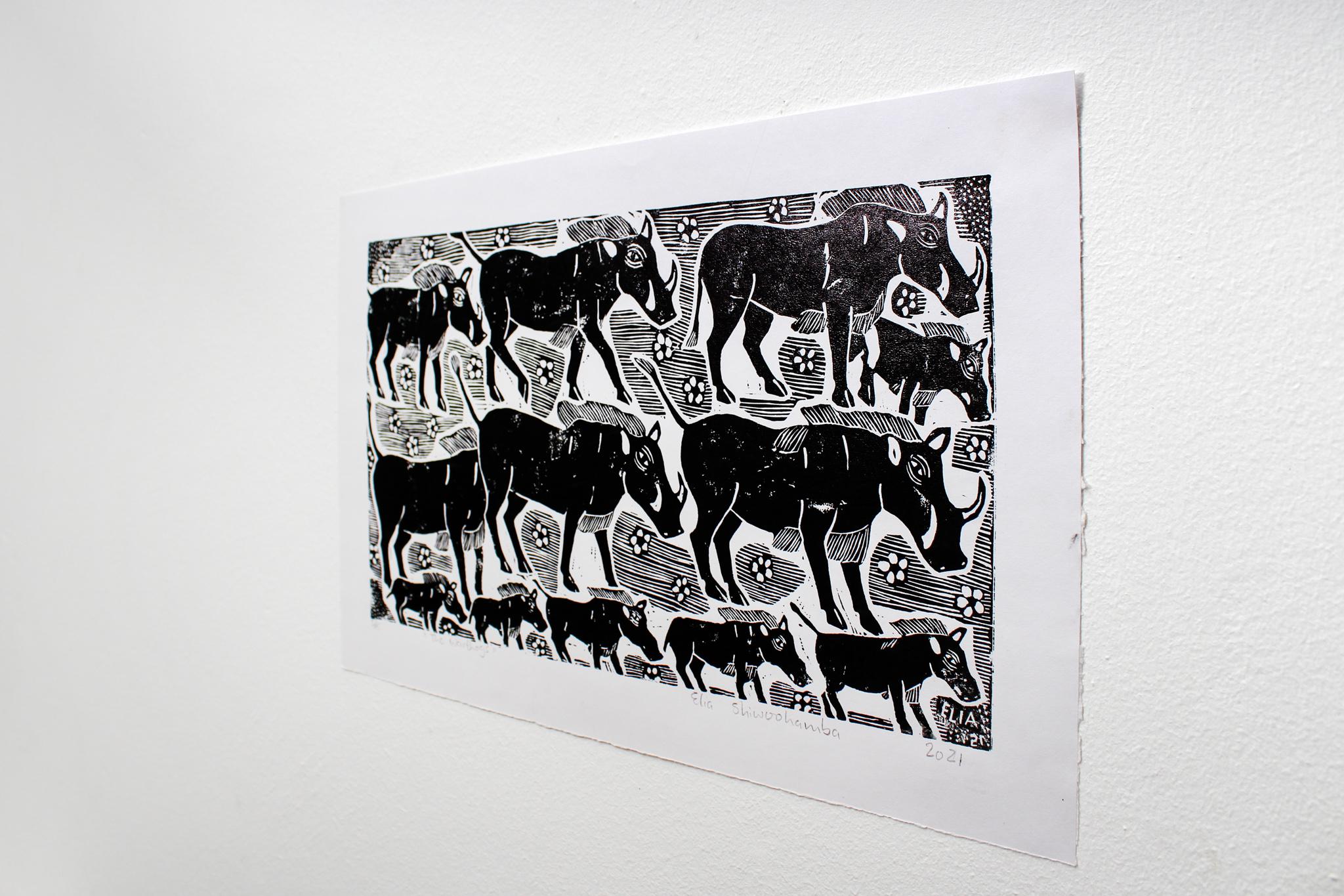 The warthogs, Elia Shiwoohamba, Linoleum block print For Sale 2