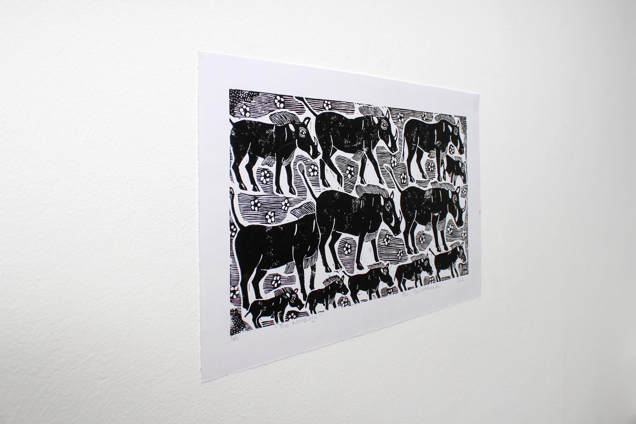 The warthogs, Elia Shiwoohamba, Linoleum block print For Sale 3