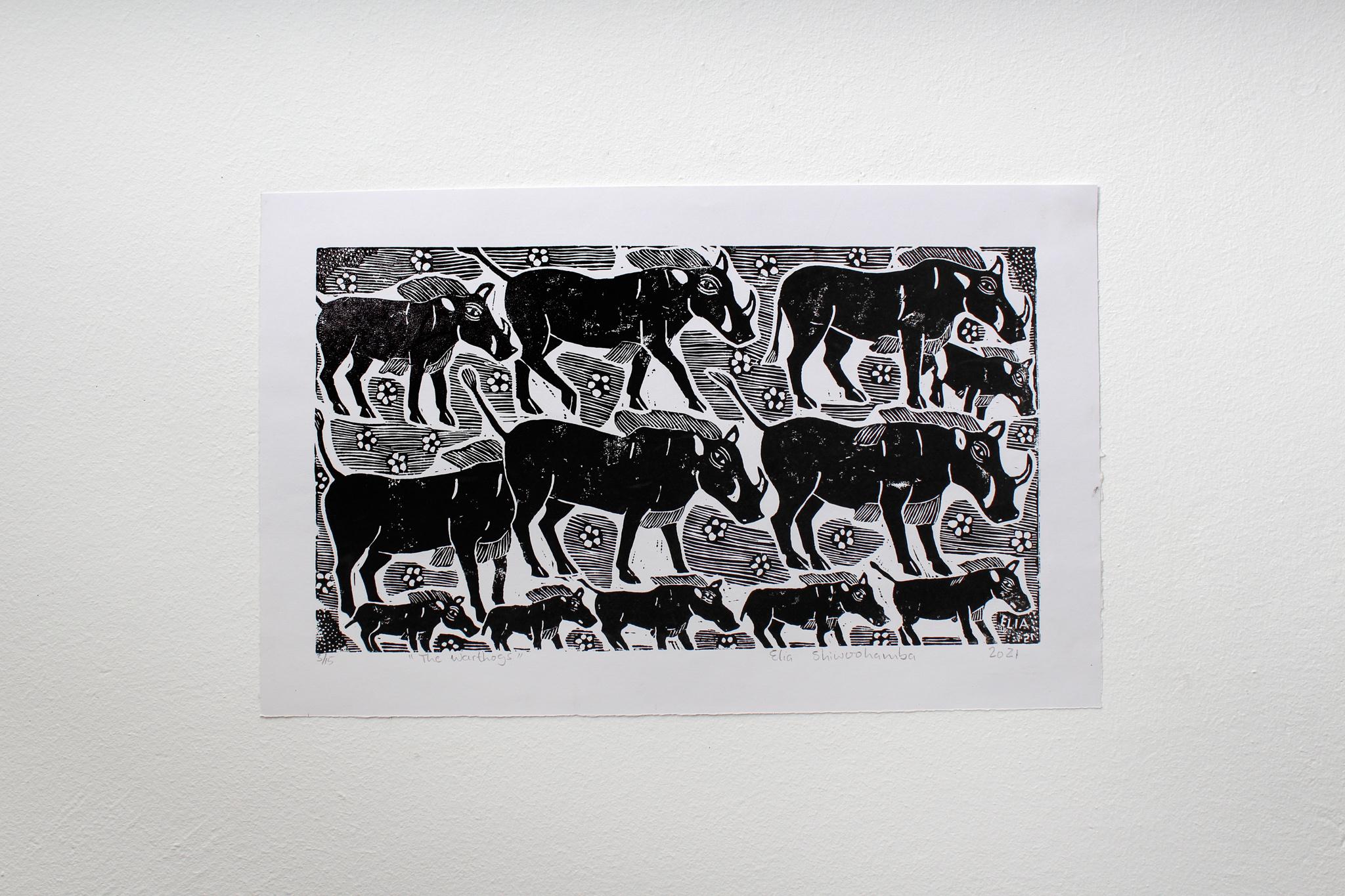 The warthogs, 2021. Linoleum block print on paper. Edition of 15.

Elia Shiwoohamba was born in 1981 in Windhoek, Namibia. He graduated from the John Muafangejo Art Centre in Windhoek in 2006. Specialising in printmaking and sculpture, Shiwoohamba