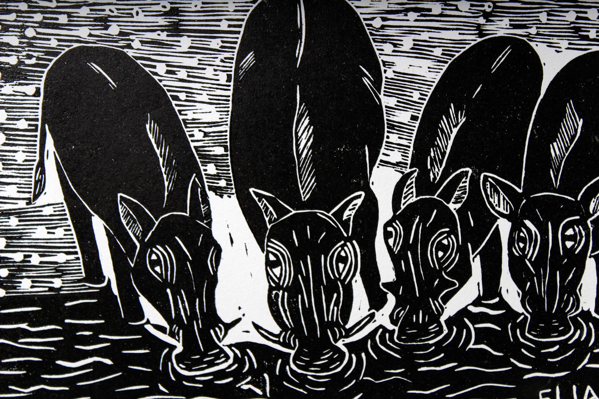 The warthogs is drinking, Elia Shiwoohamba, Linoleum block print For Sale 1