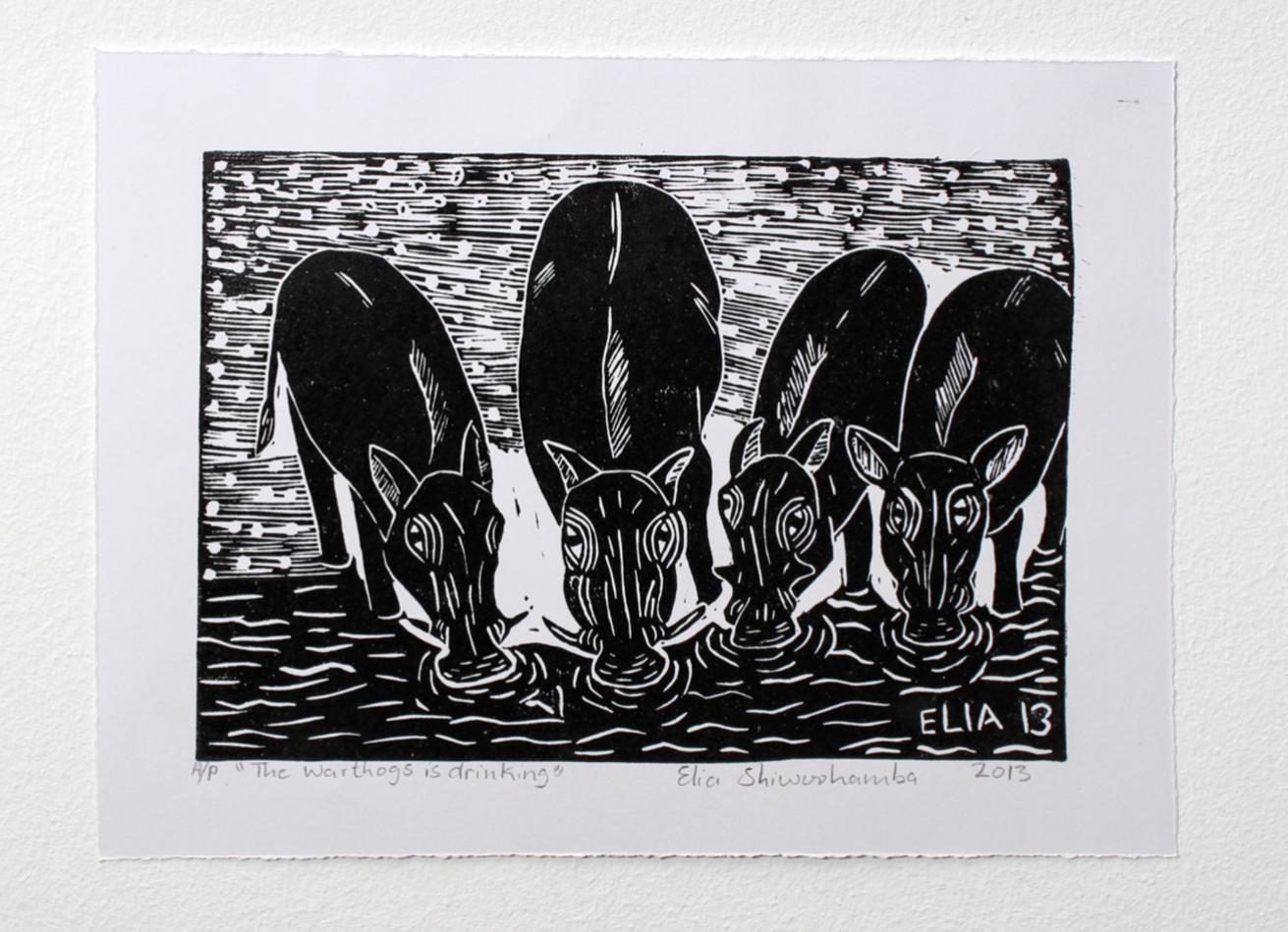 The warthogs is drinking, Elia Shiwoohamba, Linoleum block print For Sale 4