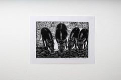 The warthogs is drinking, Elia Shiwoohamba, Linoleum block print
