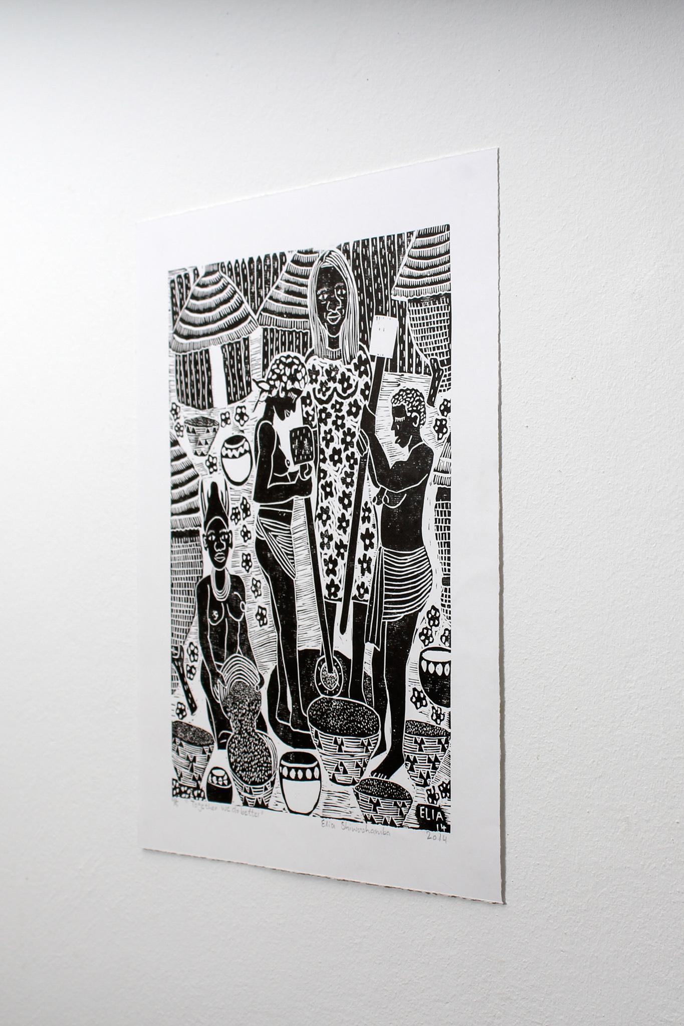 Did you take a time to know him, 2019. Linoleum block print on paper. Edition of 5

Elia Shiwoohamba was born in 1981 in Windhoek, Namibia. He graduated from the John Muafangejo Art Centre in Windhoek in 2006. Specialising in printmaking and