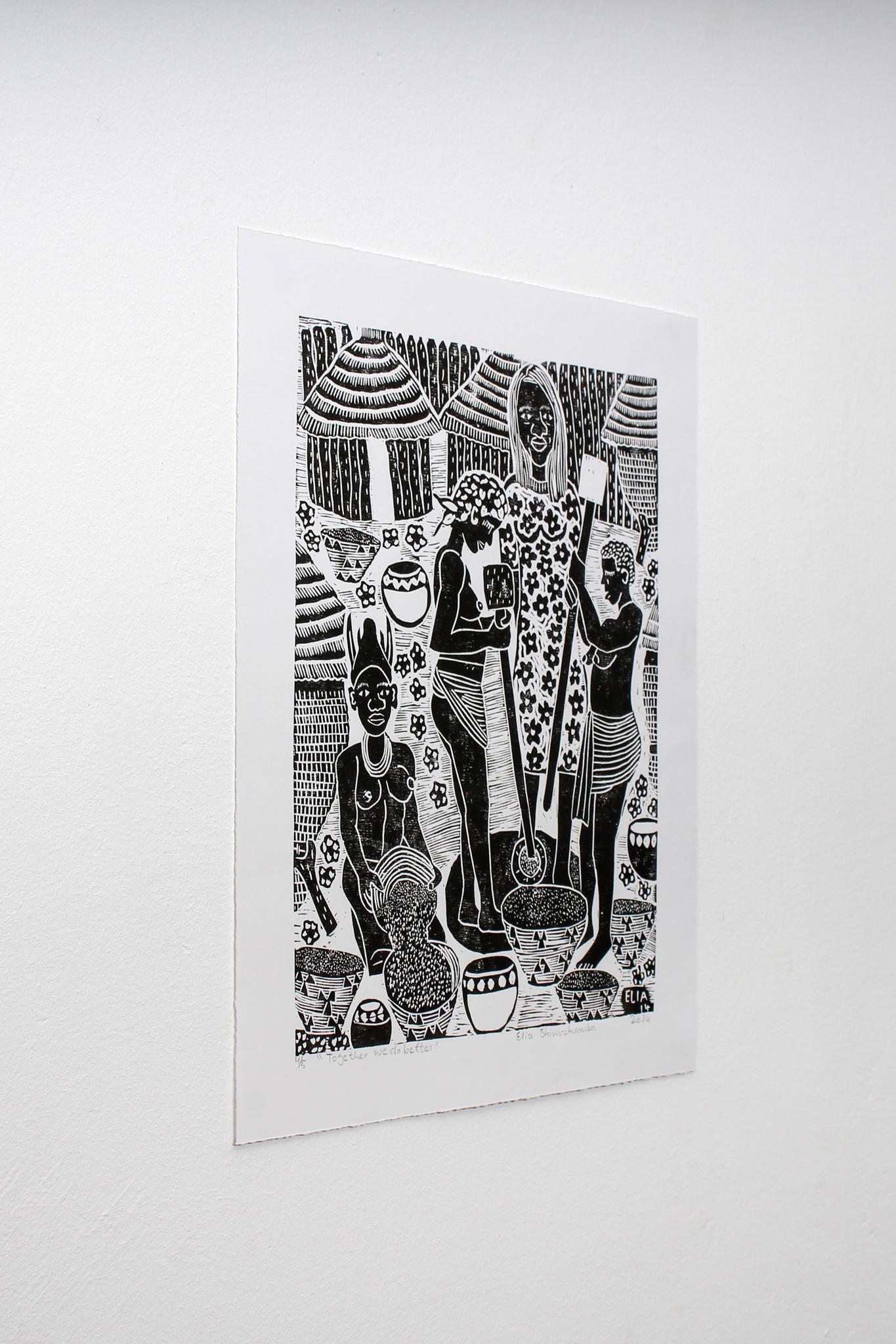 Together we do better, Elia Shiwoohamba, Linoleum block print on paper For Sale 1