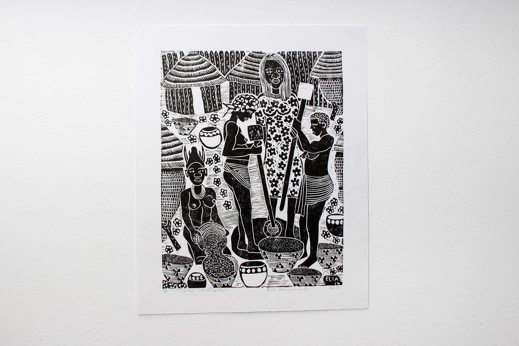 Together we do better, Elia Shiwoohamba, Linoleum block print on paper