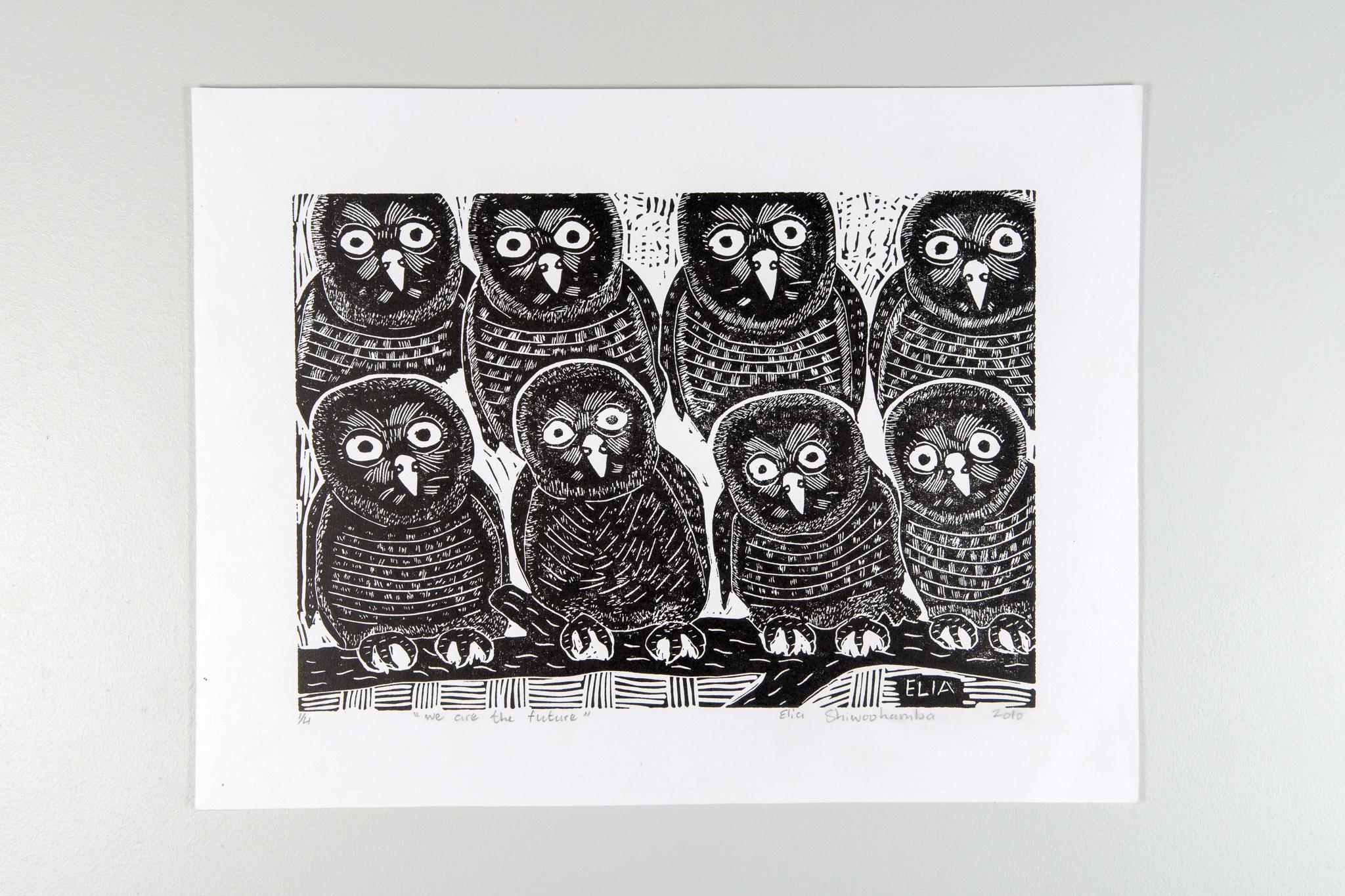 We are the future and African White Faced Owl, Linoleum block prints on paper.

Elia Shiwoohamba was born in 1981 in Windhoek, Namibia. He graduated from the John Muafangejo Art Centre in Windhoek in 2006. Specialising in printmaking and sculpture,