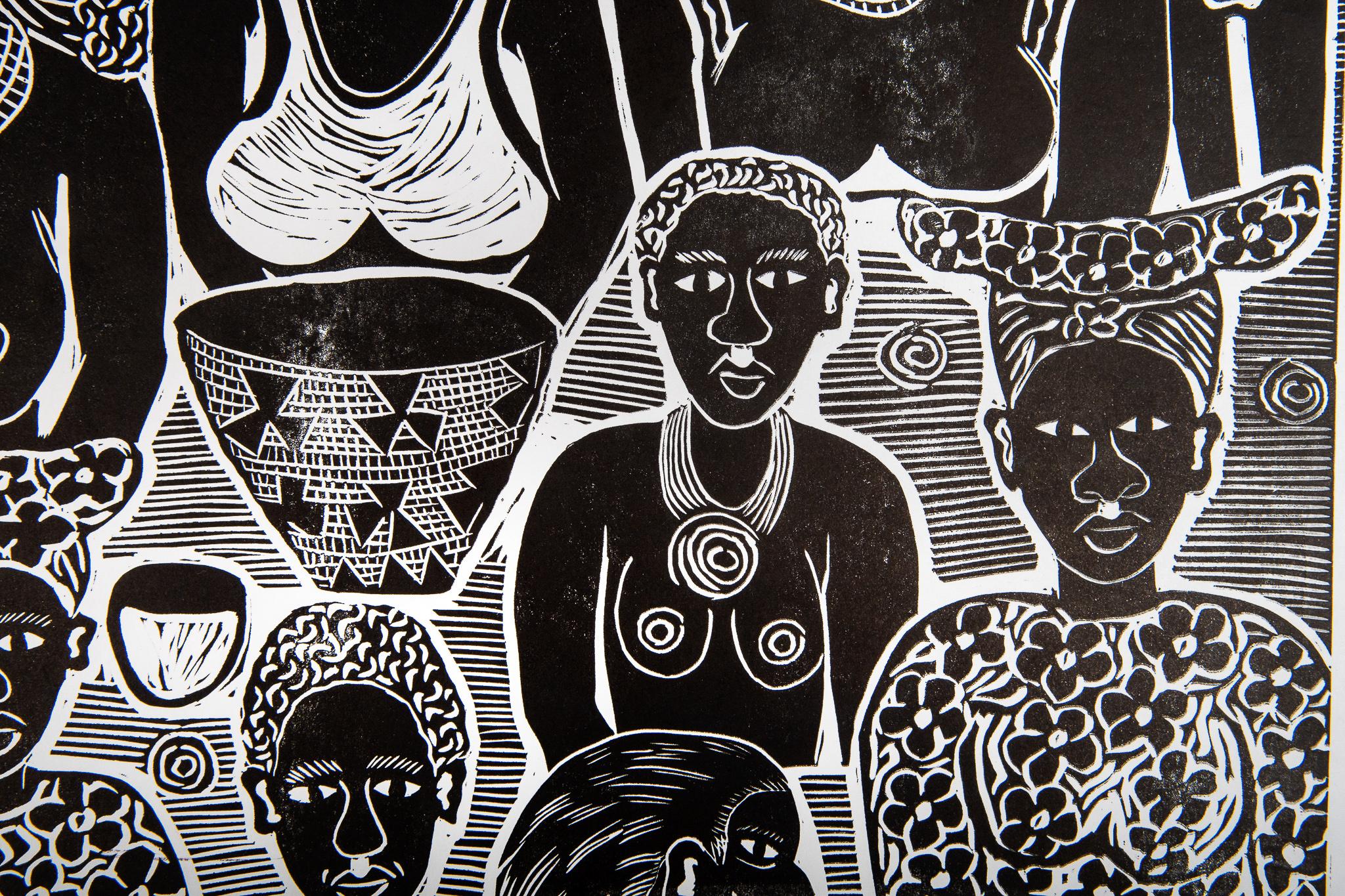 We are your mothers, 2019. Linoleum block print on paper. Unlimited edition.

Elia Shiwoohamba was born in 1981 in Windhoek, Namibia. He graduated from the John Muafangejo Art Centre in Windhoek in 2006. Specialising in printmaking and sculpture,