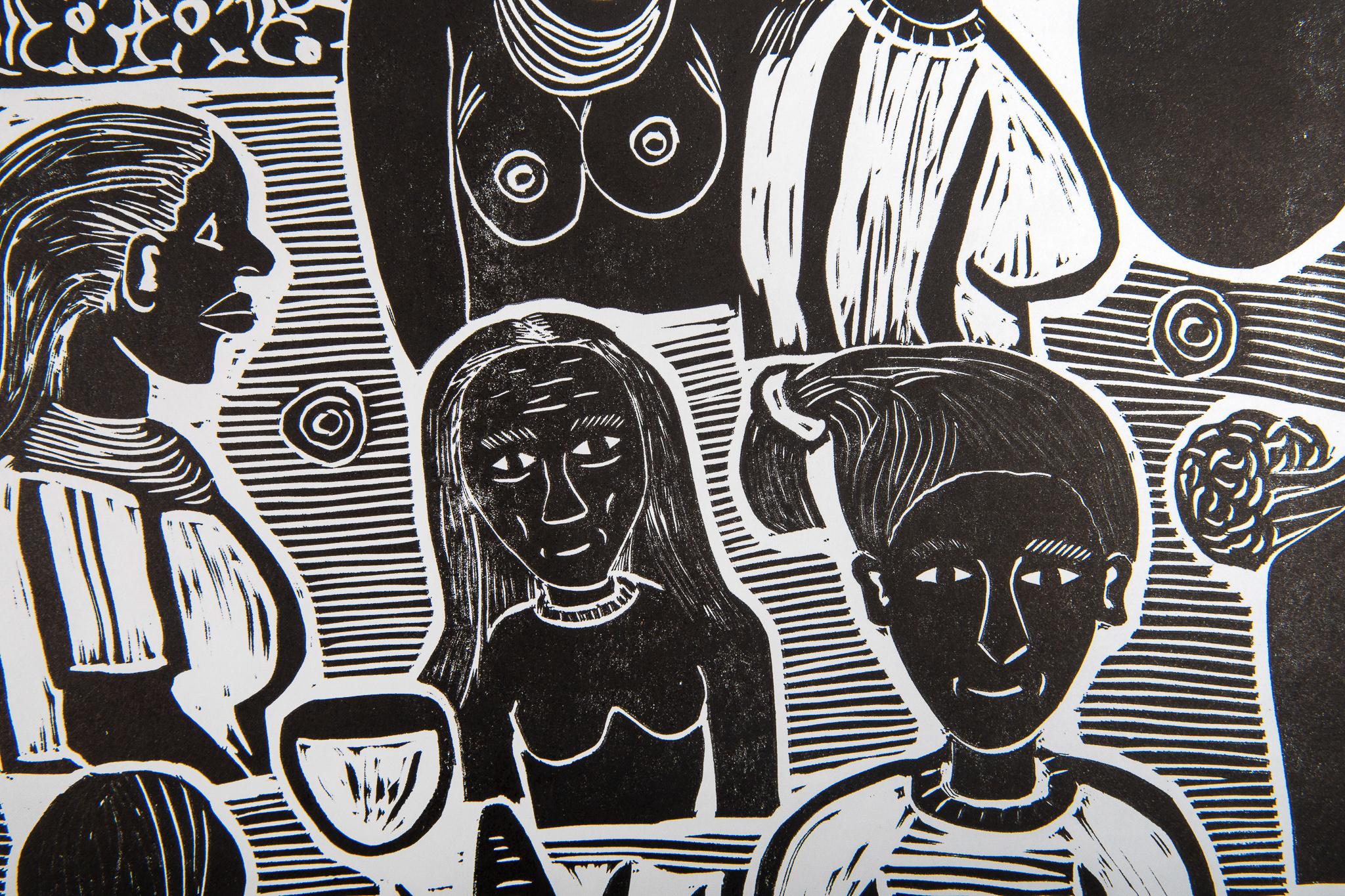 We are your mothers, Elia Shiwoohamba, Linocut For Sale 1