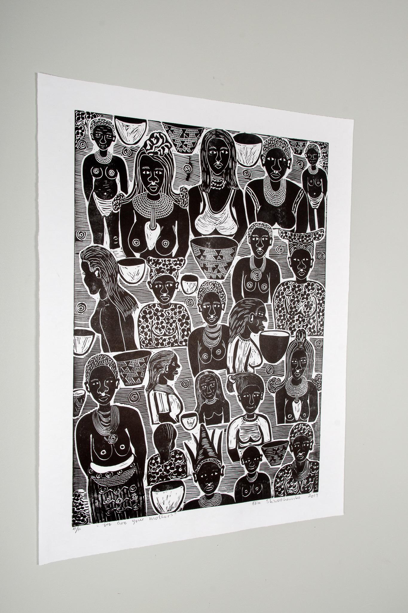 We are your mothers, Elia Shiwoohamba, Linocut For Sale 4