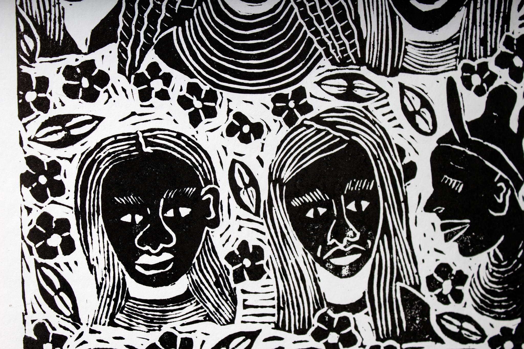We are your mothers, Linoleum block prints on paper.

Elia Shiwoohamba was born in 1981 in Windhoek, Namibia. He graduated from the John Muafangejo Art Centre in Windhoek in 2006. Specialising in printmaking and sculpture, Shiwoohamba works as a
