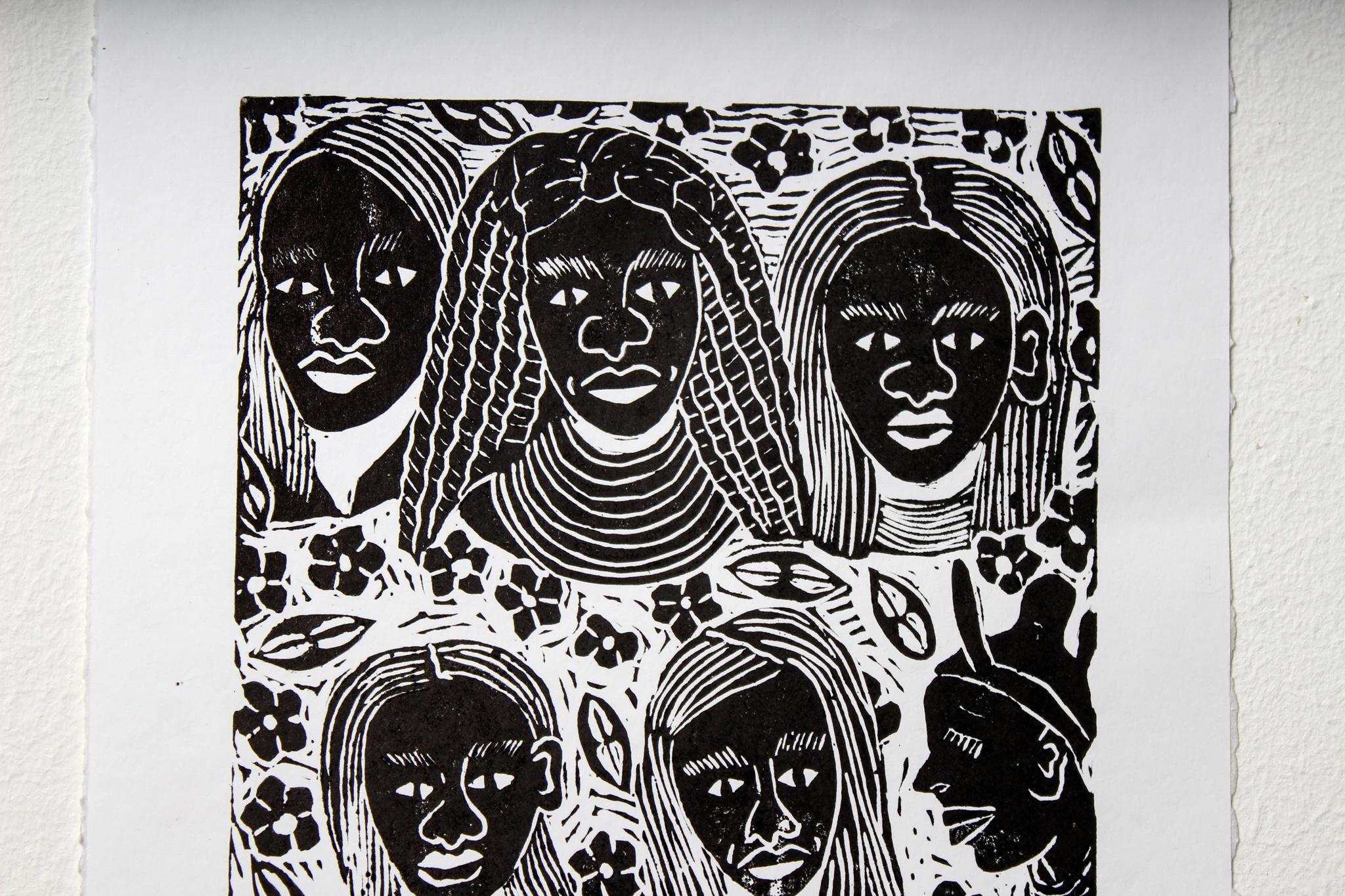 We are your mothers, Elia Shiwoohamba, Linoleum block print For Sale 1