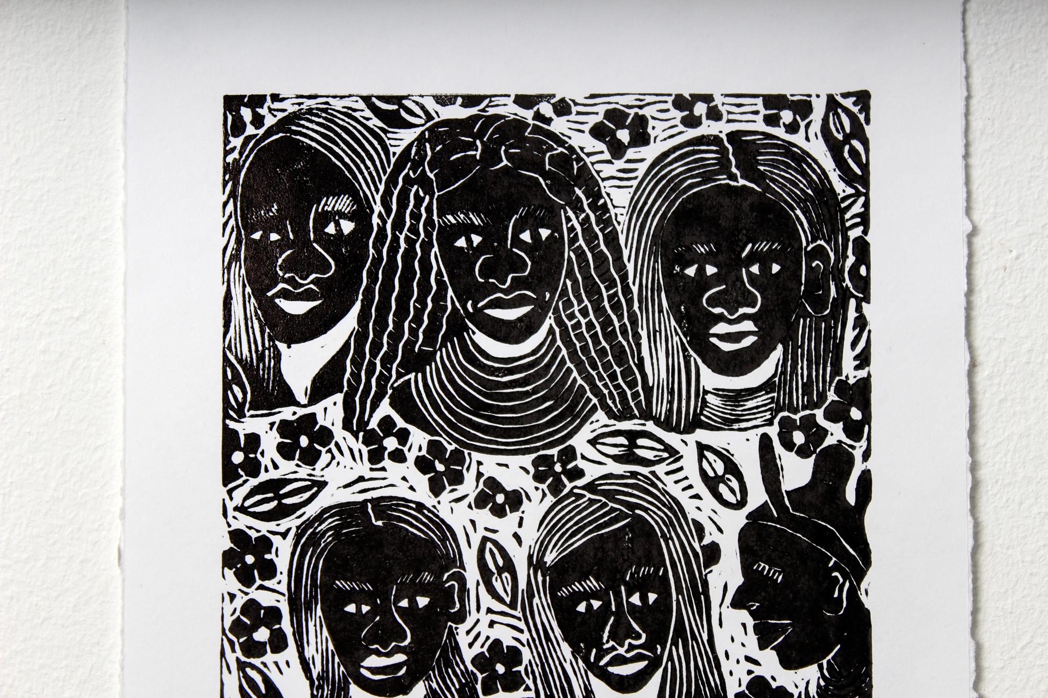 We are your mothers, Elia Shiwoohamba, Linoleum block print For Sale 3
