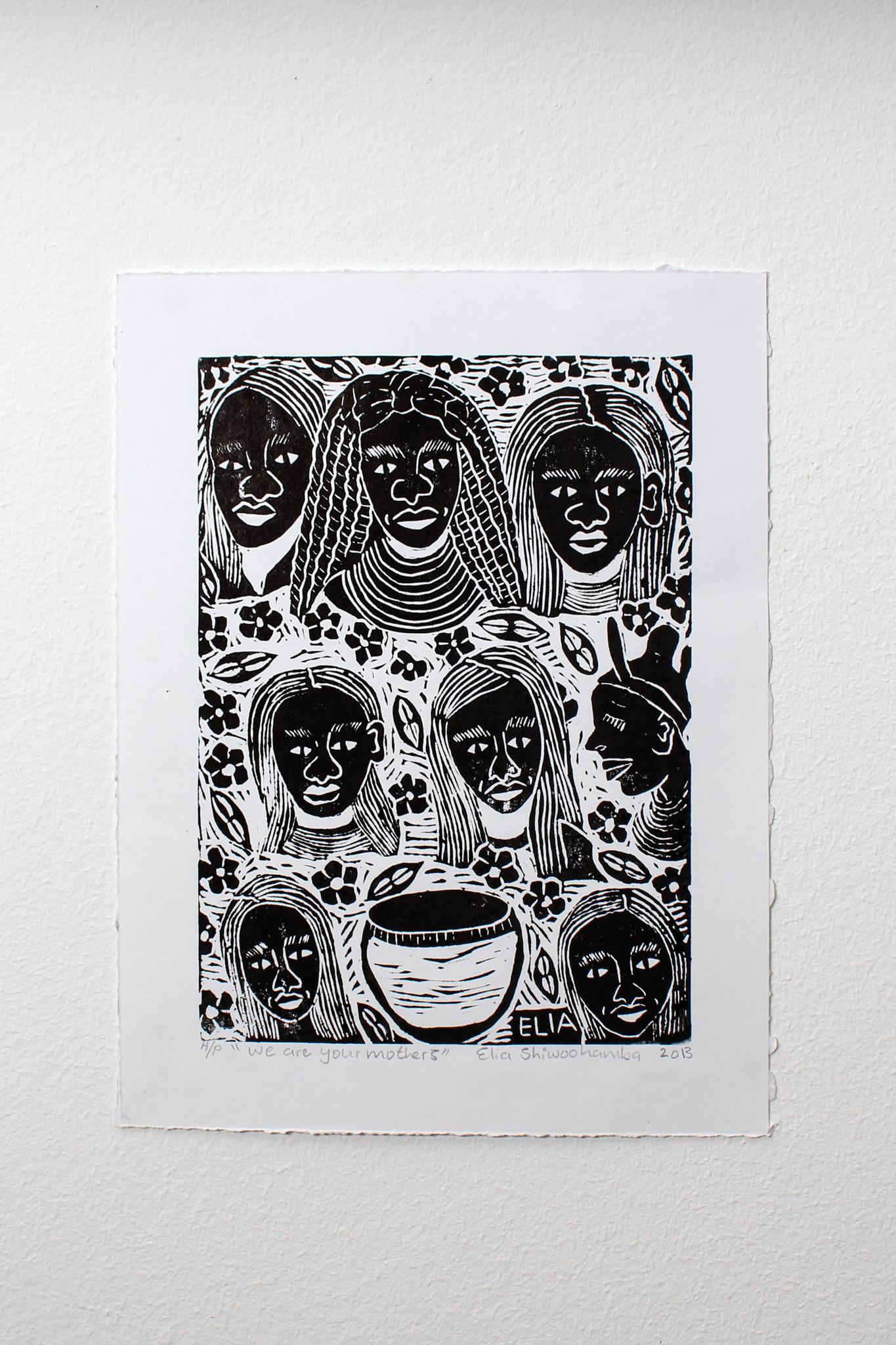 We are your mothers, Elia Shiwoohamba, Linoleum block print