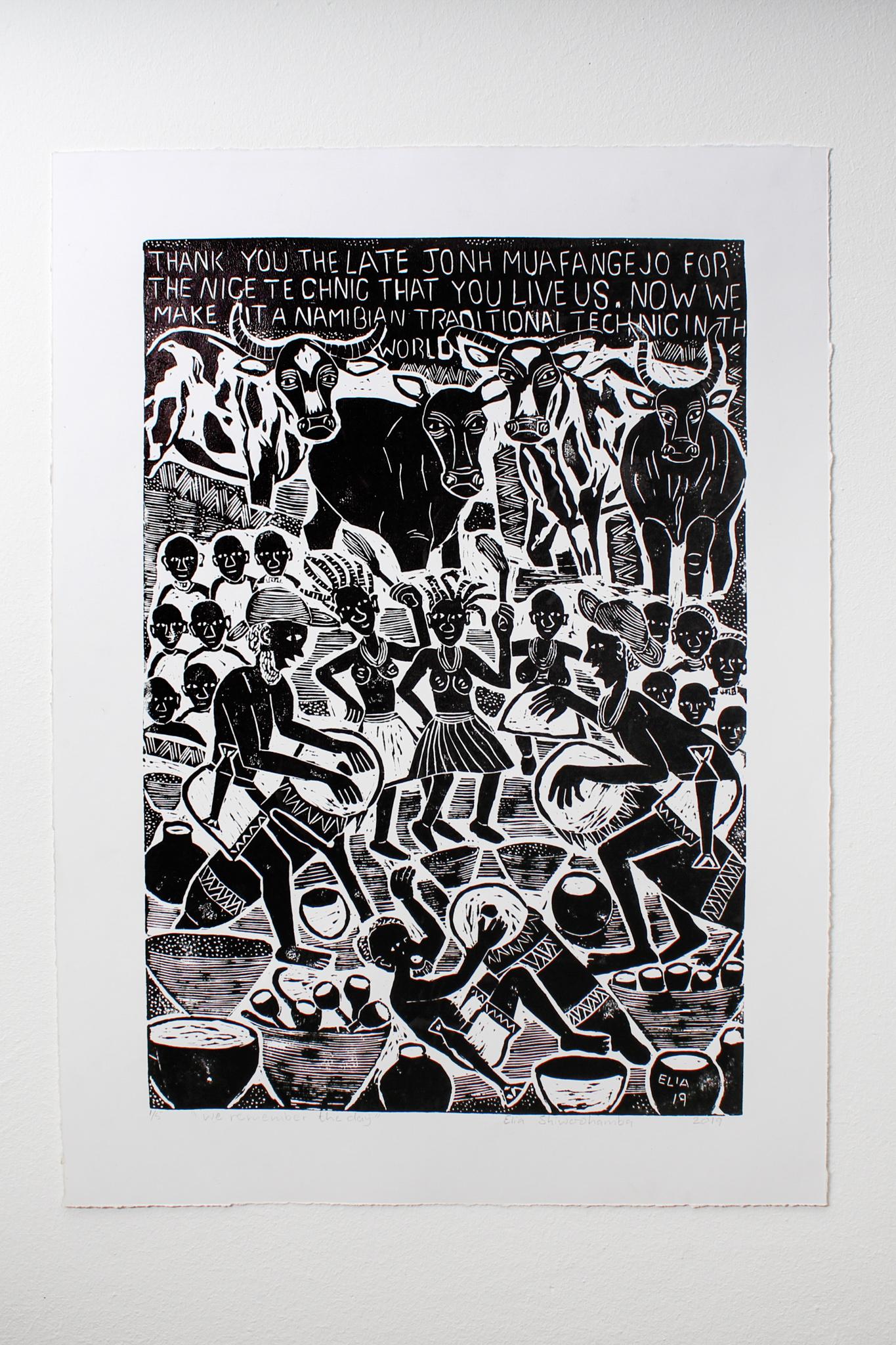 We remember the day, Elia Shiwoohamba, Linoleum block print