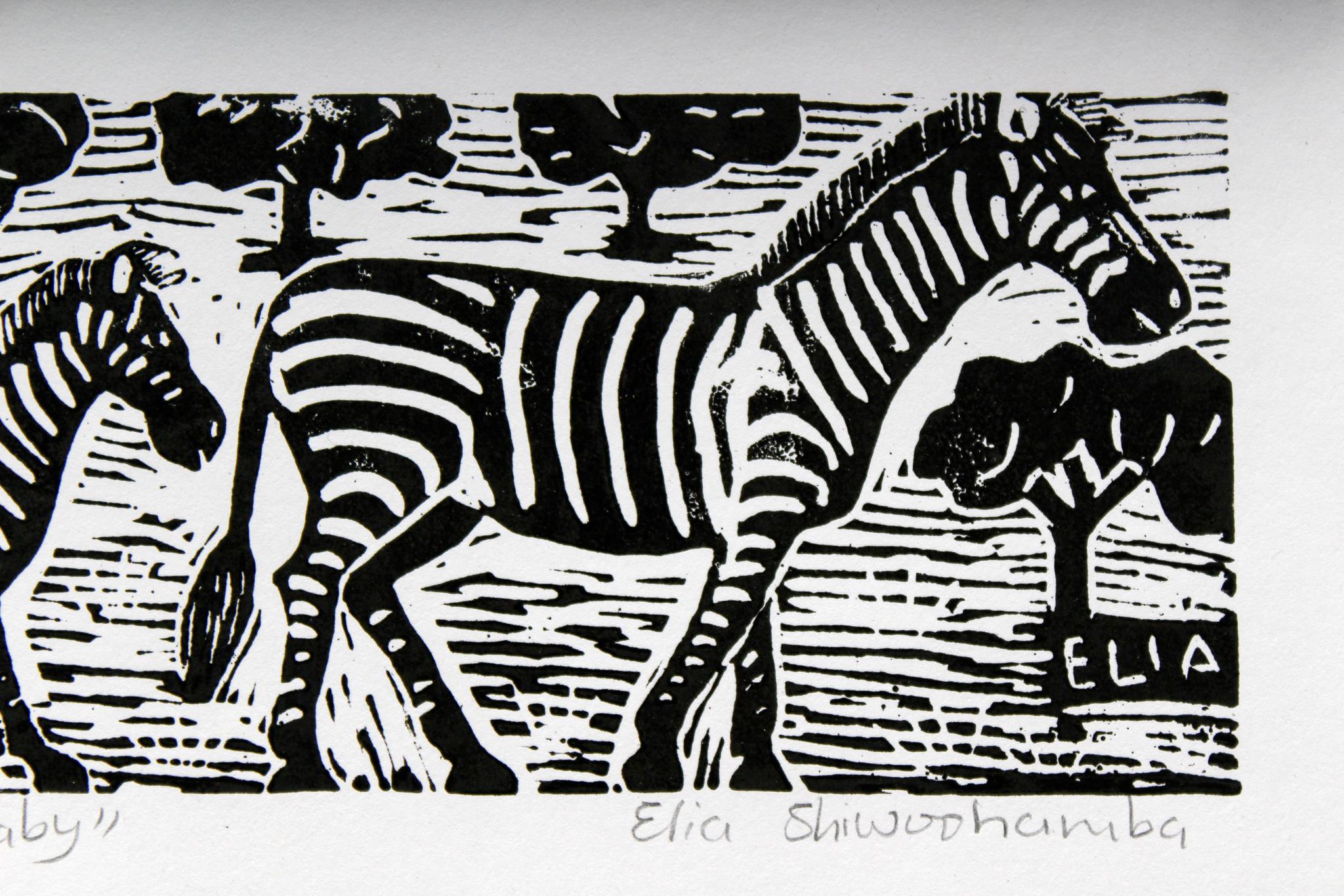 Zebra und Baby, Elia Shiwoohamba, Linoleum-Blumendruck im Angebot 1