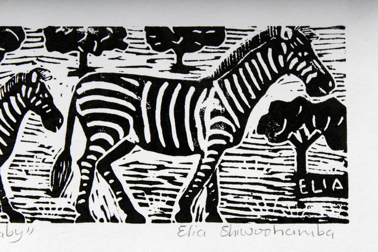 Elia Shiwoohamba - Zebra and baby, Elia Shiwoohamba, Linoleum block print  For Sale at 1stDibs