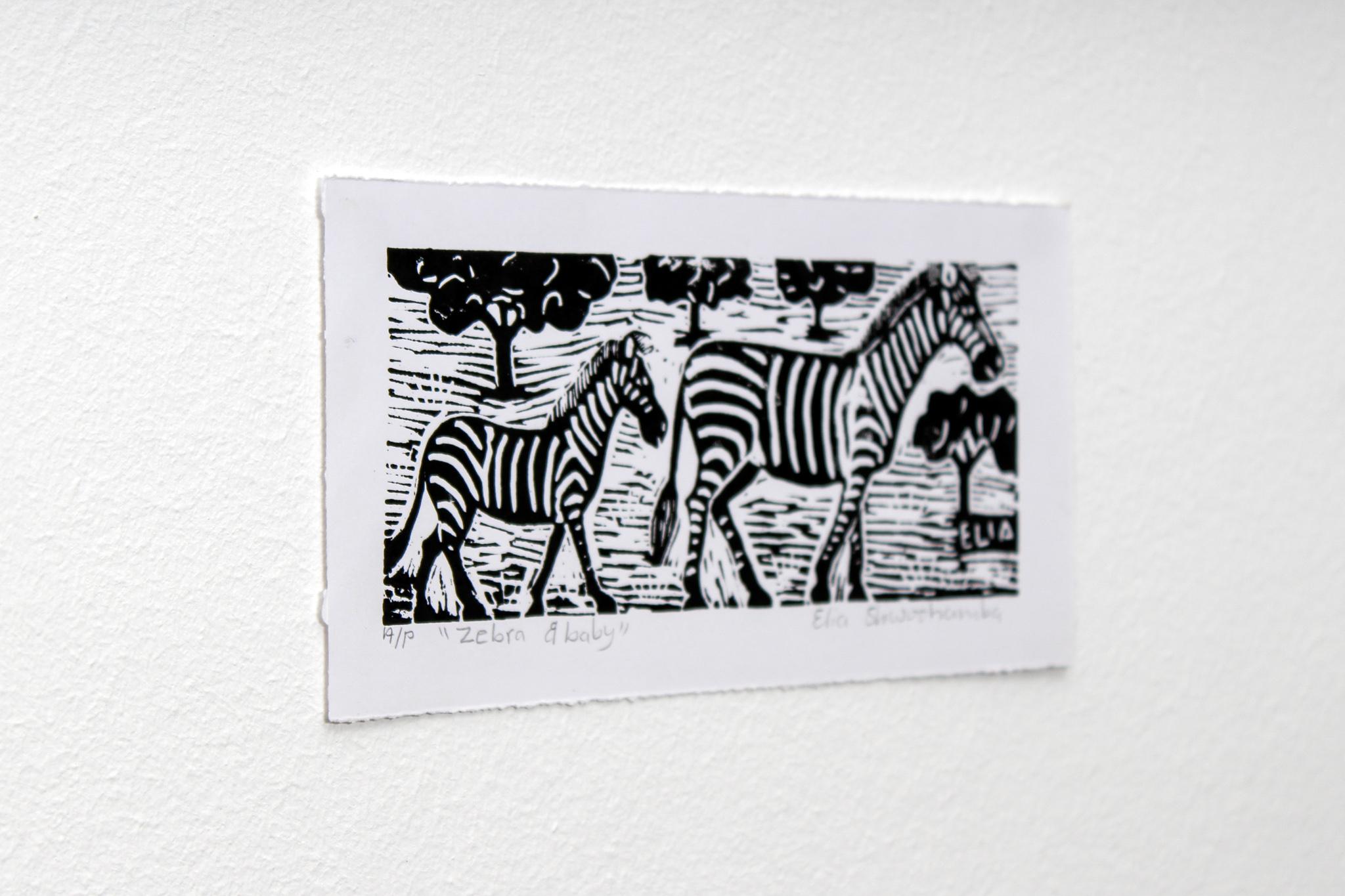 Zebra and baby, Elia Shiwoohamba, Linoleum block print For Sale 1