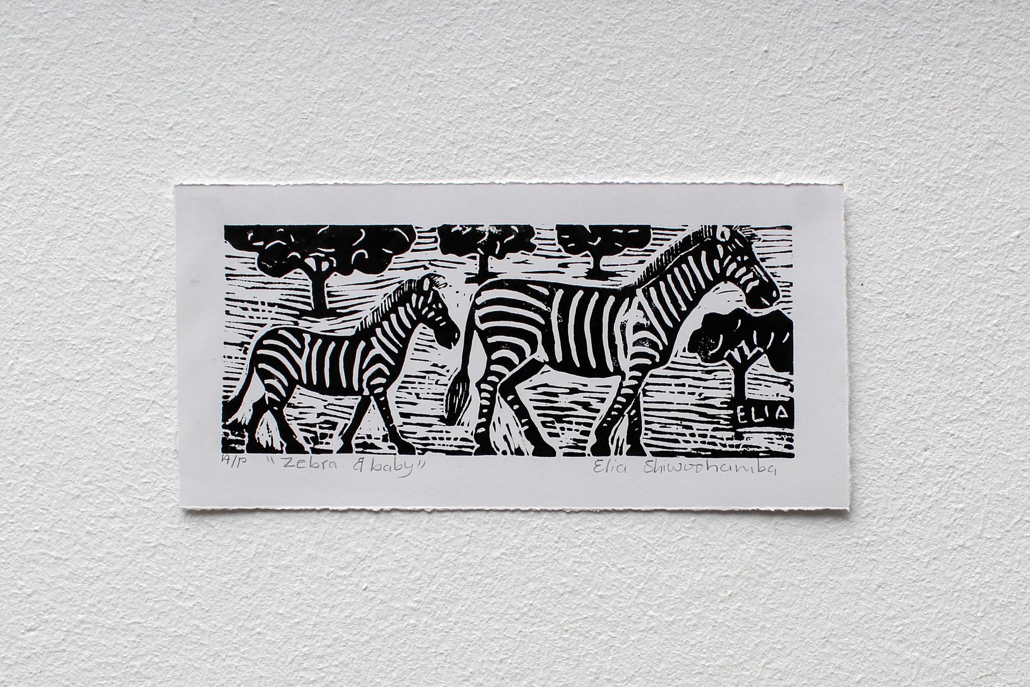 Zebra and baby, Elia Shiwoohamba, Linoleum block print