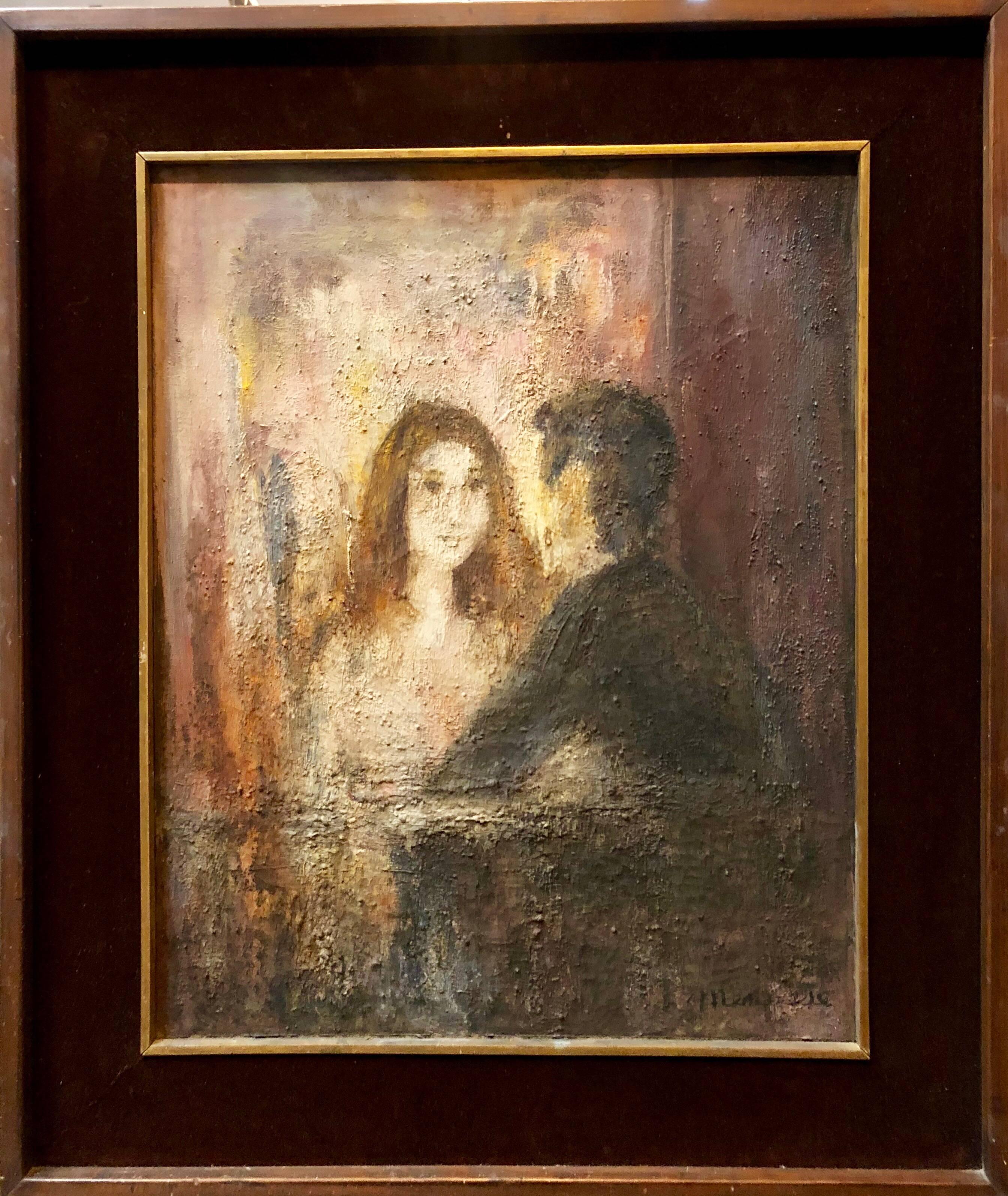 Peinture à l'huile mexicaine moderniste d'un couple, El Balcon - Painting de Eliana Menasse