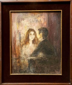 El Balcon, Courting Couple Mexican Modernist Oil Painting