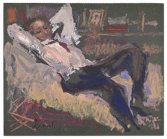 Vintage Reclined Man on a Sofa - Paint by Eliane Diverly - Mid-20th Century