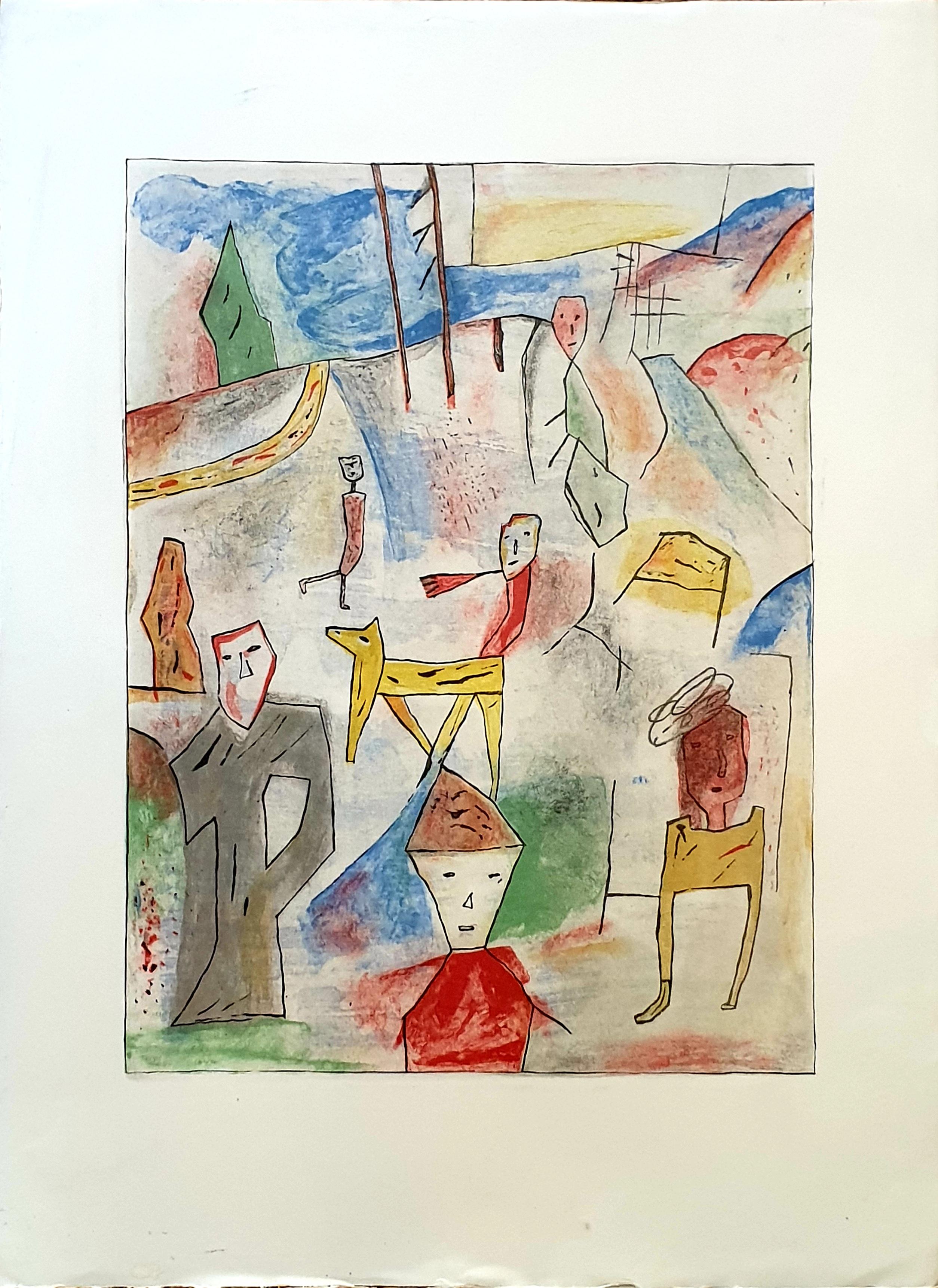 Abstract Expressionist, Art Brut Lithograph, 'A Day Out'. - Print by Eliane Larus