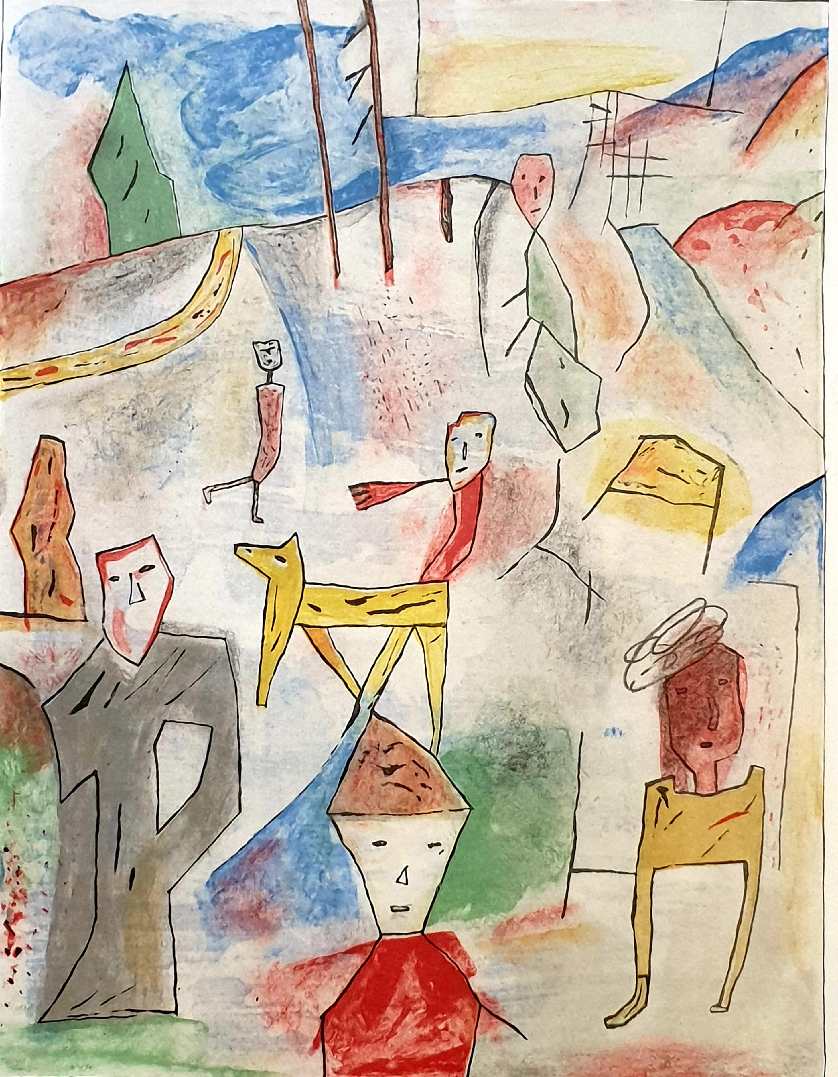 Abstract Expressionist lithograph on BFK Rives paper of a late 20th century work by French artist Eliane Larus.

A lively and highly colourful lithograph of a bustling scene of a day out in the country. The images are flattened and lack perspective,
