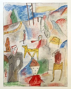 Vintage Abstract Expressionist, Art Brut Lithograph, 'A Day Out'.