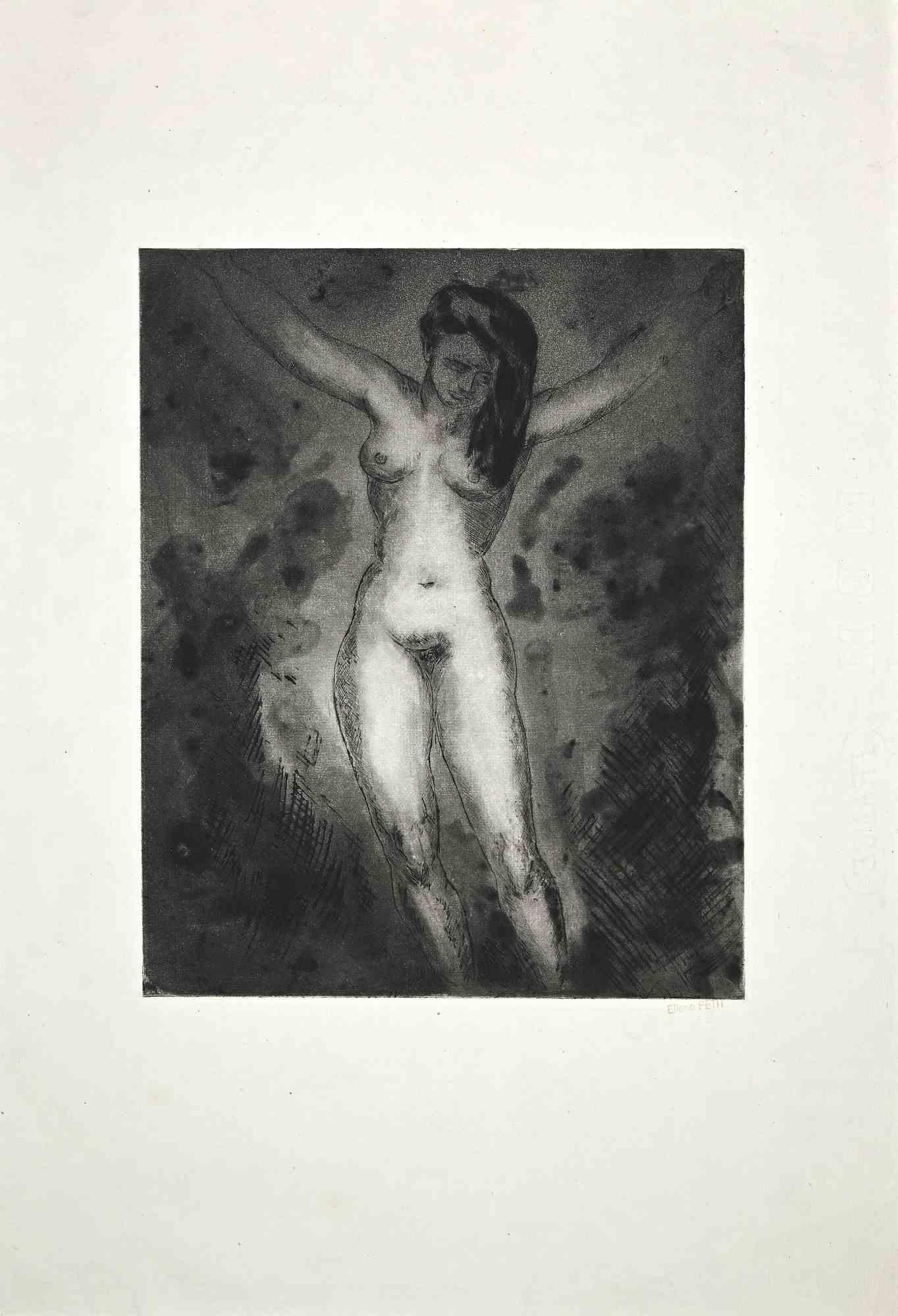 Nude of Woman - Original Etching and Aquatint by Eliane Petit - 1950