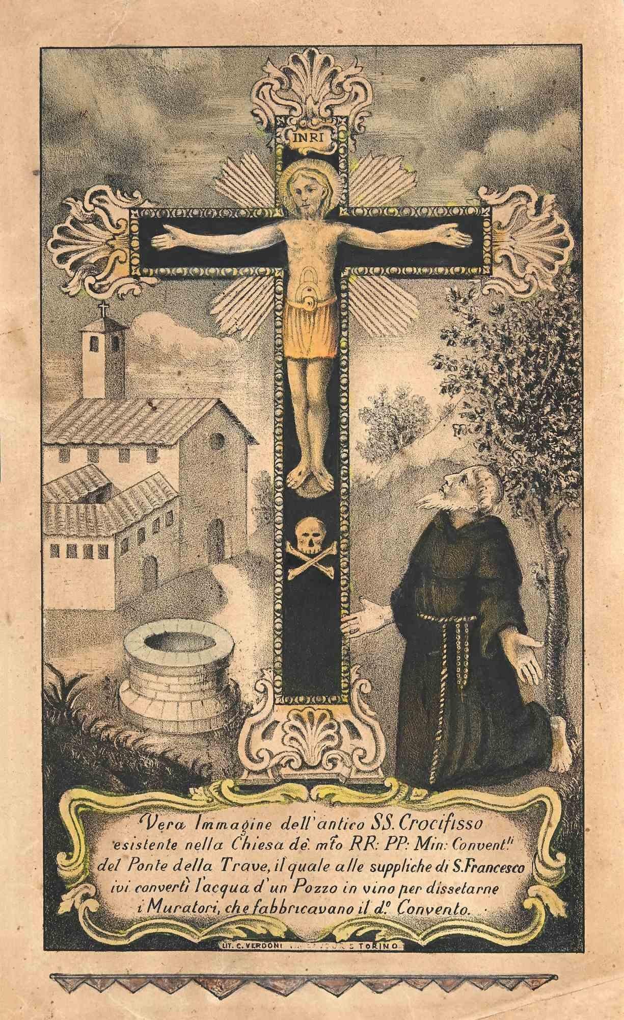 Eliane Petit Figurative Print - St. Francis and the Crucifix- Lithograph by Carlo Verdon - 1850s