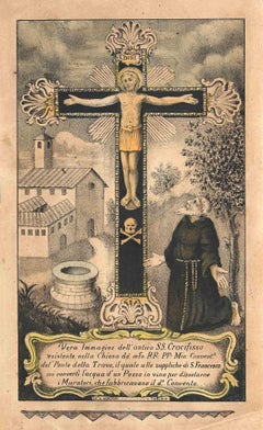 St. Francis and the Crucifix- Original Lithograph by Carlo Verdon - 1850s