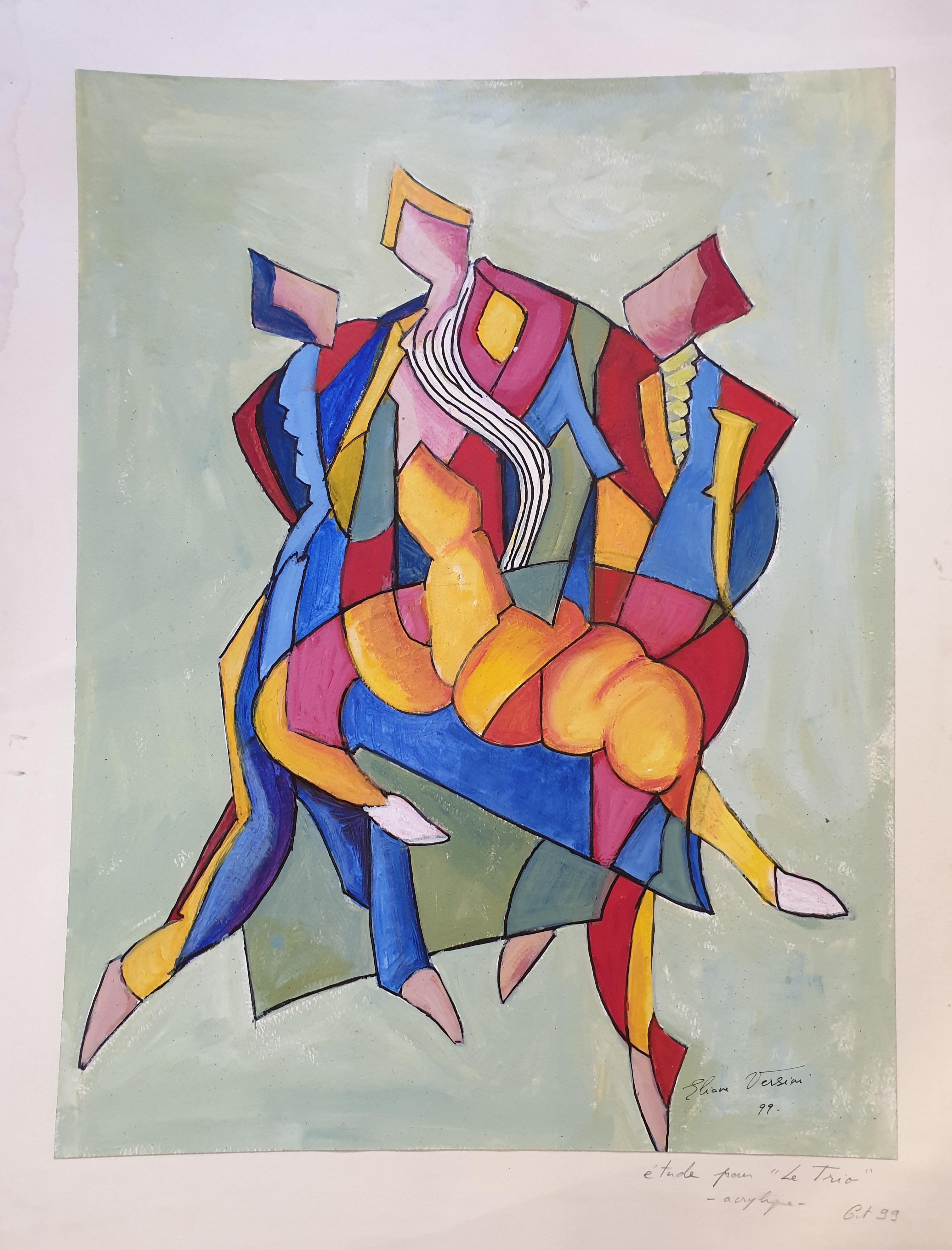 Etude pour 'Le Trio'. Cubist Acrylic on Paper on Card. - Painting by Eliane Versini