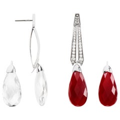 Eliania Rosetti Earrings in 18k Gold 36.4 Cts of White Topaz 25.7 Cts Red Jade