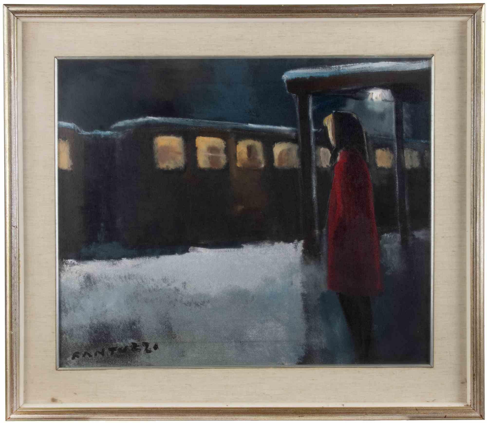 Figure in red in front of the train is a modern artwork realized by the artist Eliano Fantuzzi in the mid-20th century.

Mixed colored oil painting on canvas.

Includes frame.

Hand signed on the lower margin and in the back.