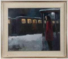 Figure in Red in Front of the Train - Oil Paint by Eliano Fantuzzi- 20th Century
