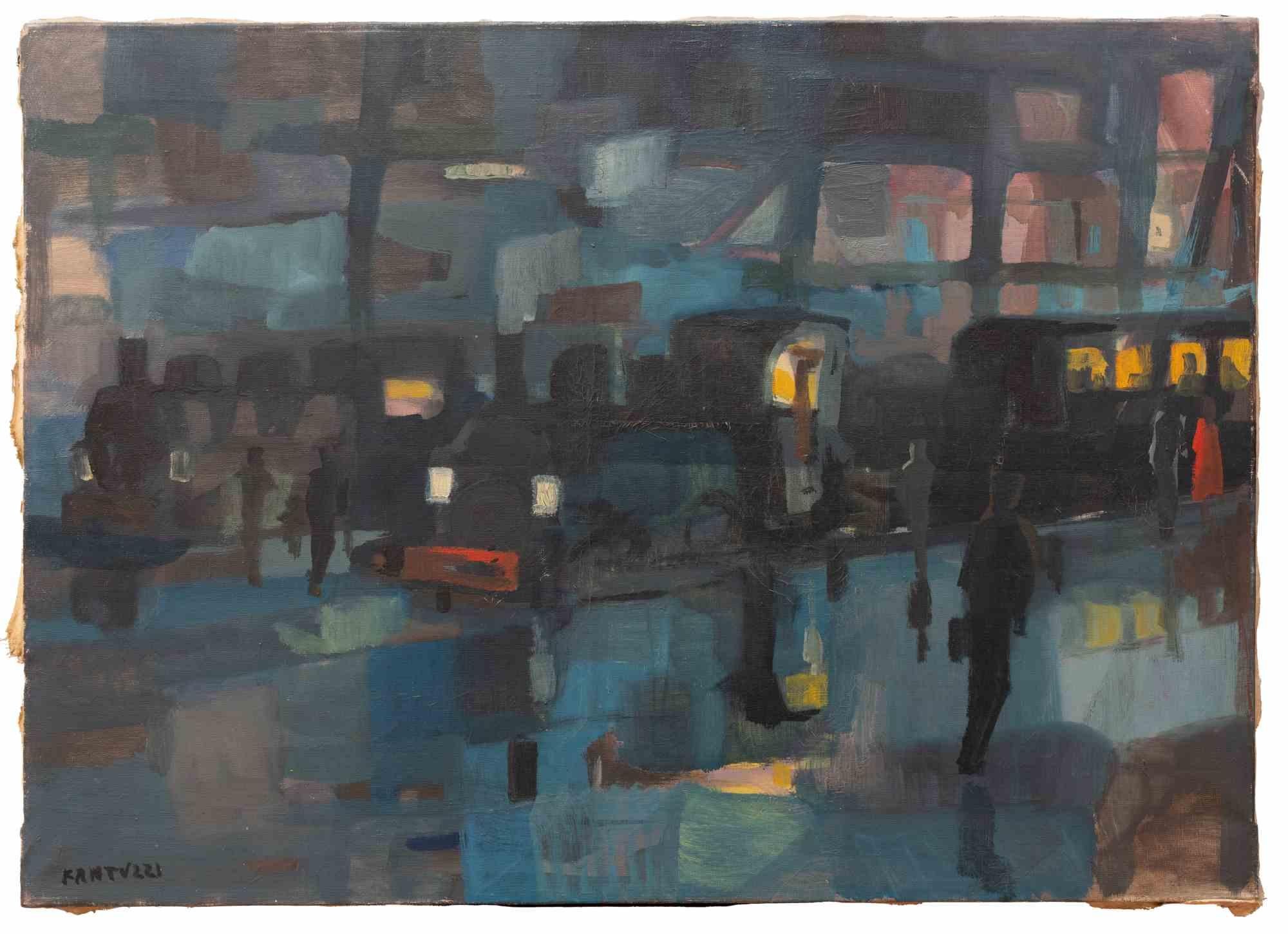 Train Station - Oil Paint by Eliano Fantuzzi - 1953 For Sale 2