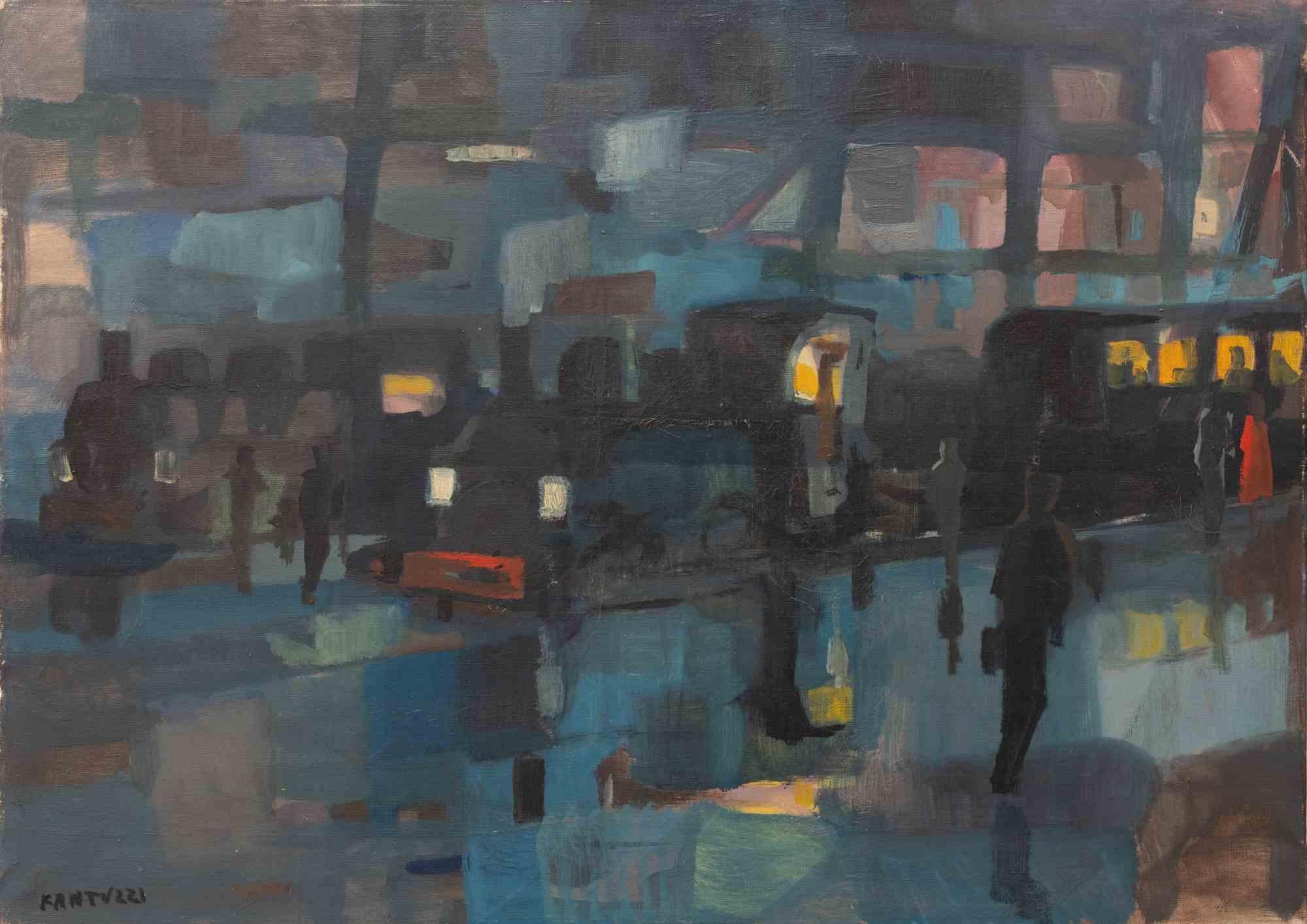 Train Station - Oil Paint by Eliano Fantuzzi - 1953 For Sale 3