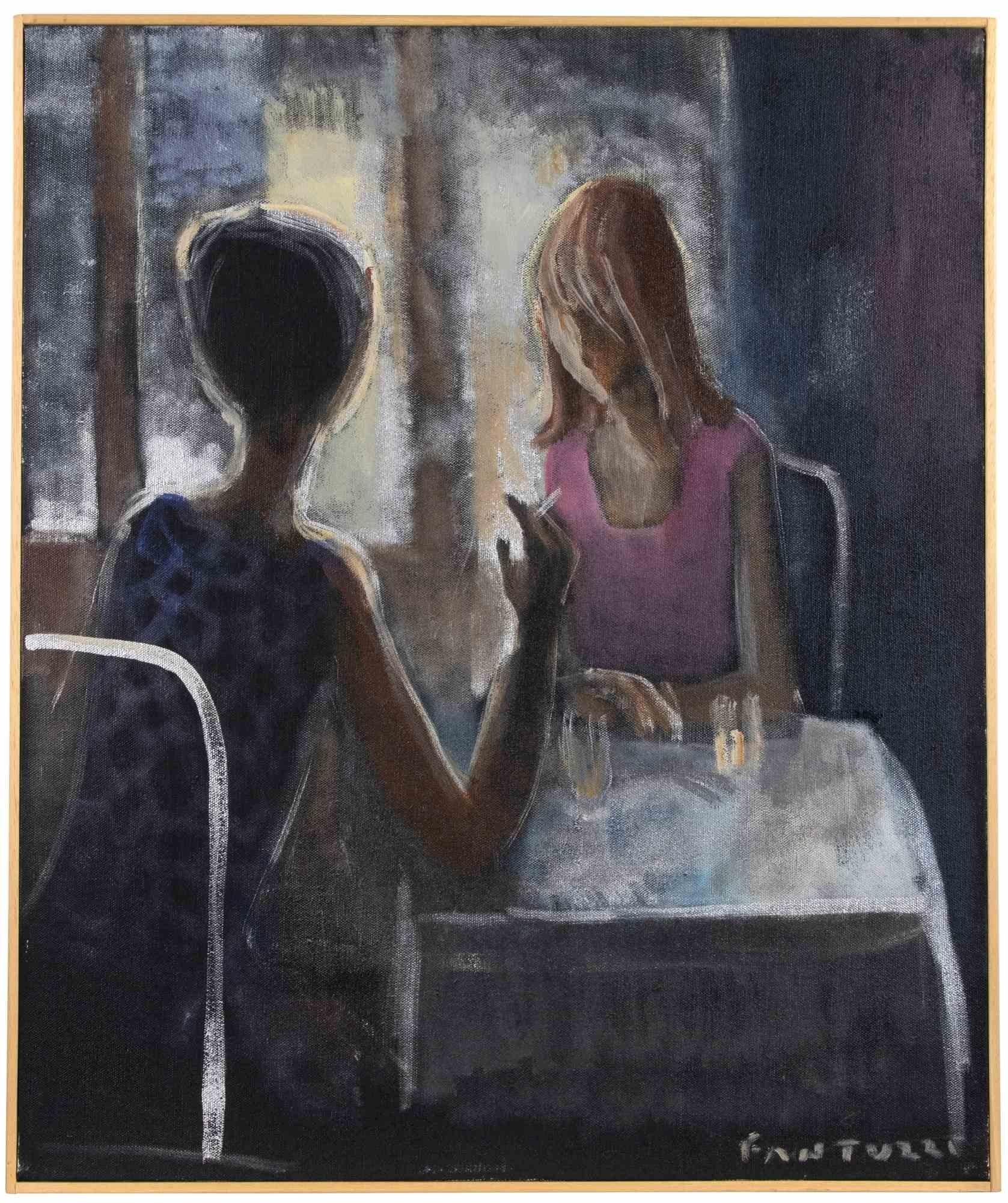 Two figures at table is a modern artwork realized by the artist Eliano Fantuzzi.

Mixed colored oil painting.

Includes frame.

Hand signed on the lower margin and on the back.

