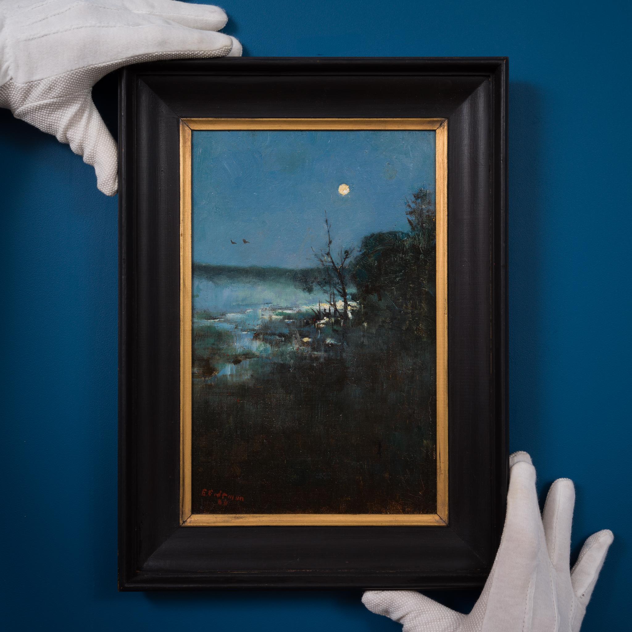 Riflessi di luna, Heyst-sur-Mer. Dipinto nel 1884 - Painting di Elias Erdtman
