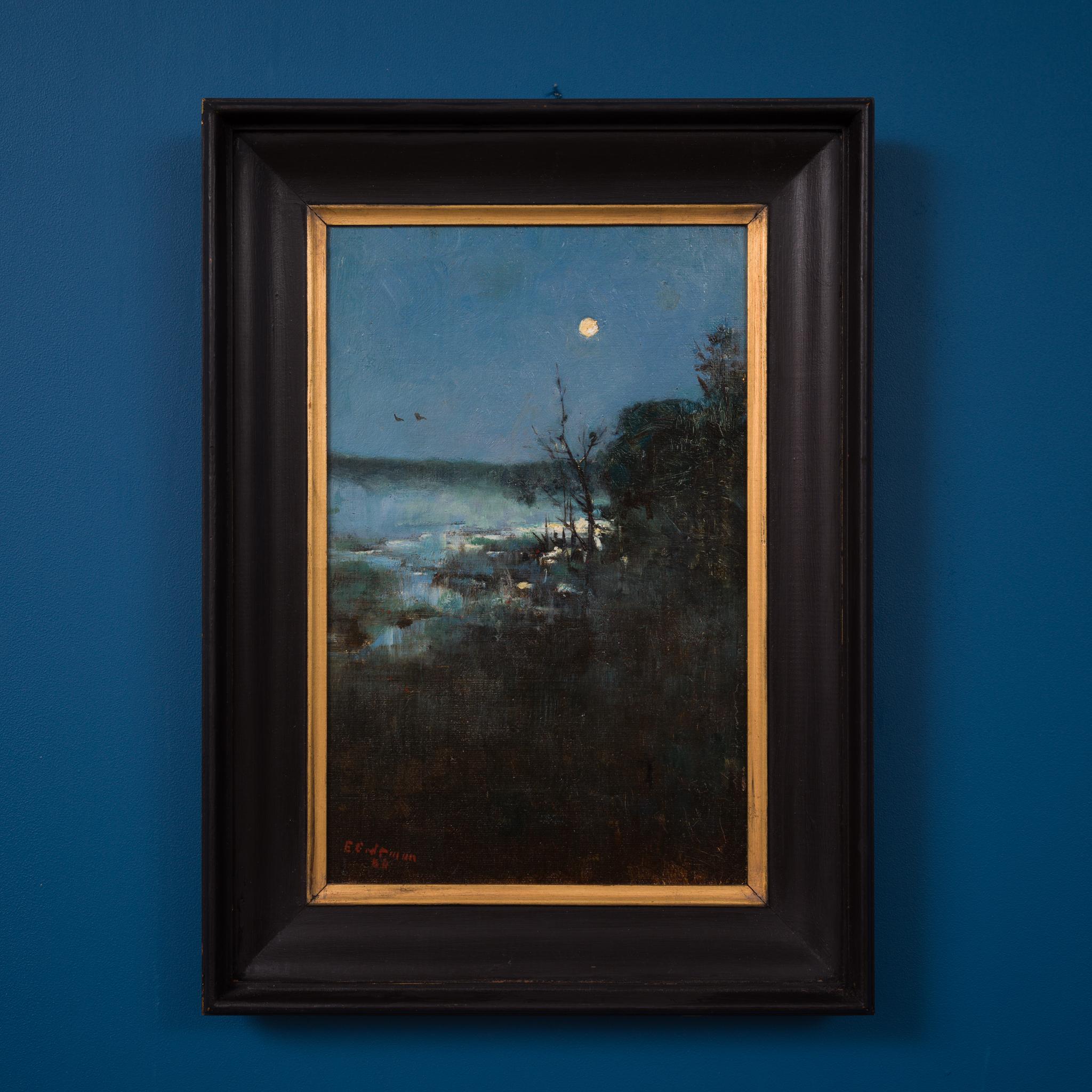 Riflessi di luna, Heyst-sur-Mer. Dipinto nel 1884 - Landscape Painting Nero di Elias Erdtman